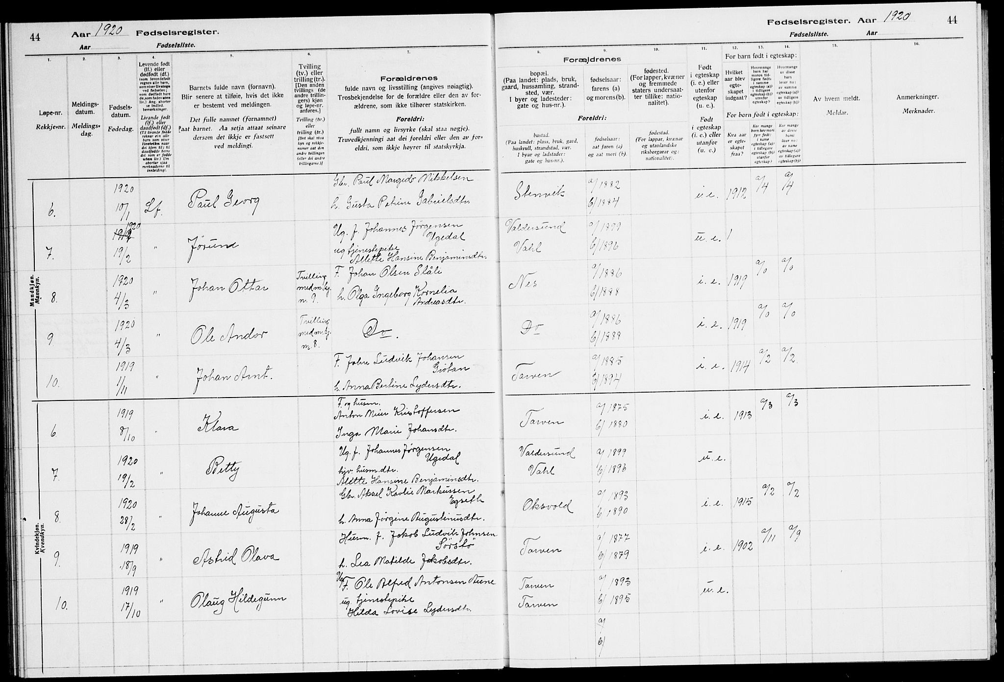 Ministerialprotokoller, klokkerbøker og fødselsregistre - Sør-Trøndelag, SAT/A-1456/651/L0650: Fødselsregister nr. 651.II.4.1, 1916-1923, s. 44