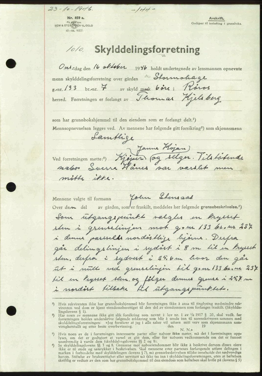 Gauldal sorenskriveri, SAT/A-0014/1/2/2C: Pantebok nr. A2, 1946-1946, Dagboknr: 1010/1946