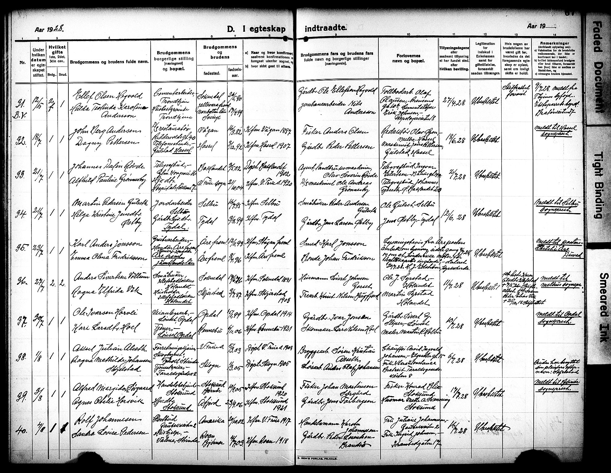 Ministerialprotokoller, klokkerbøker og fødselsregistre - Sør-Trøndelag, AV/SAT-A-1456/602/L0149: Klokkerbok nr. 602C17, 1919-1932, s. 67