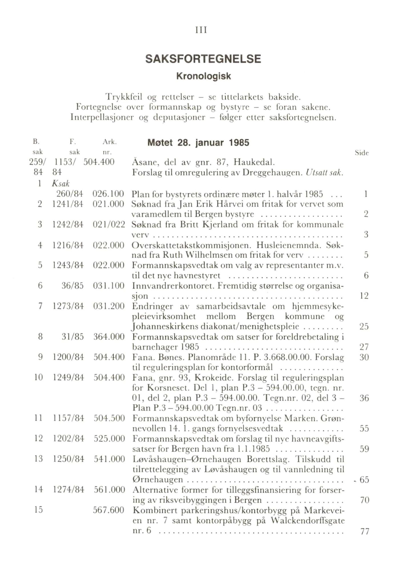 Bergen kommune. Formannskapet 1972 -, BBA/A-1809/A/Ab/L0027: Bergens kommuneforhandlinger 1985 I, 1985