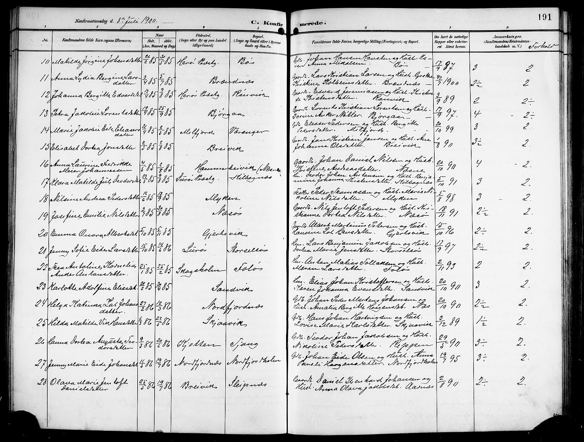 Ministerialprotokoller, klokkerbøker og fødselsregistre - Nordland, SAT/A-1459/841/L0621: Klokkerbok nr. 841C05, 1897-1923, s. 191
