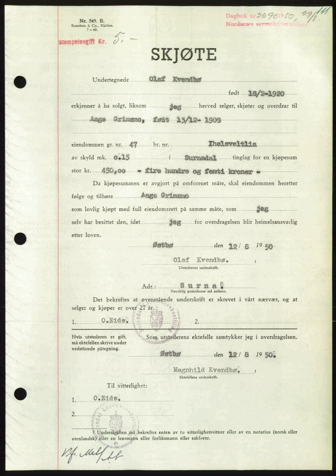 Nordmøre sorenskriveri, SAT/A-4132/1/2/2Ca: Pantebok nr. A116, 1950-1950, Dagboknr: 2690/1950