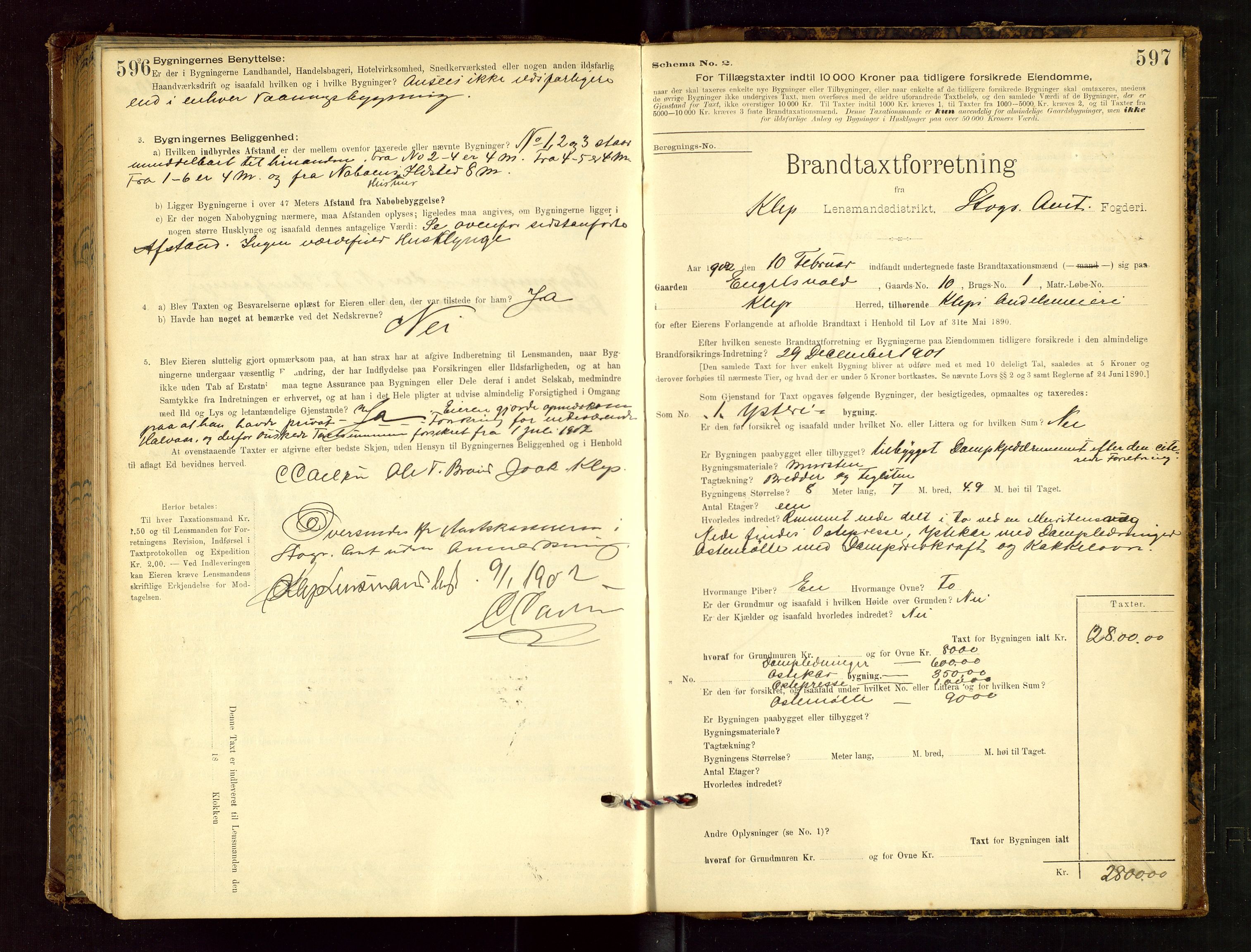 Klepp lensmannskontor, AV/SAST-A-100163/Goc/L0002: "Brandtaxationsprotokol" m/register, 1898-1902, s. 596-597