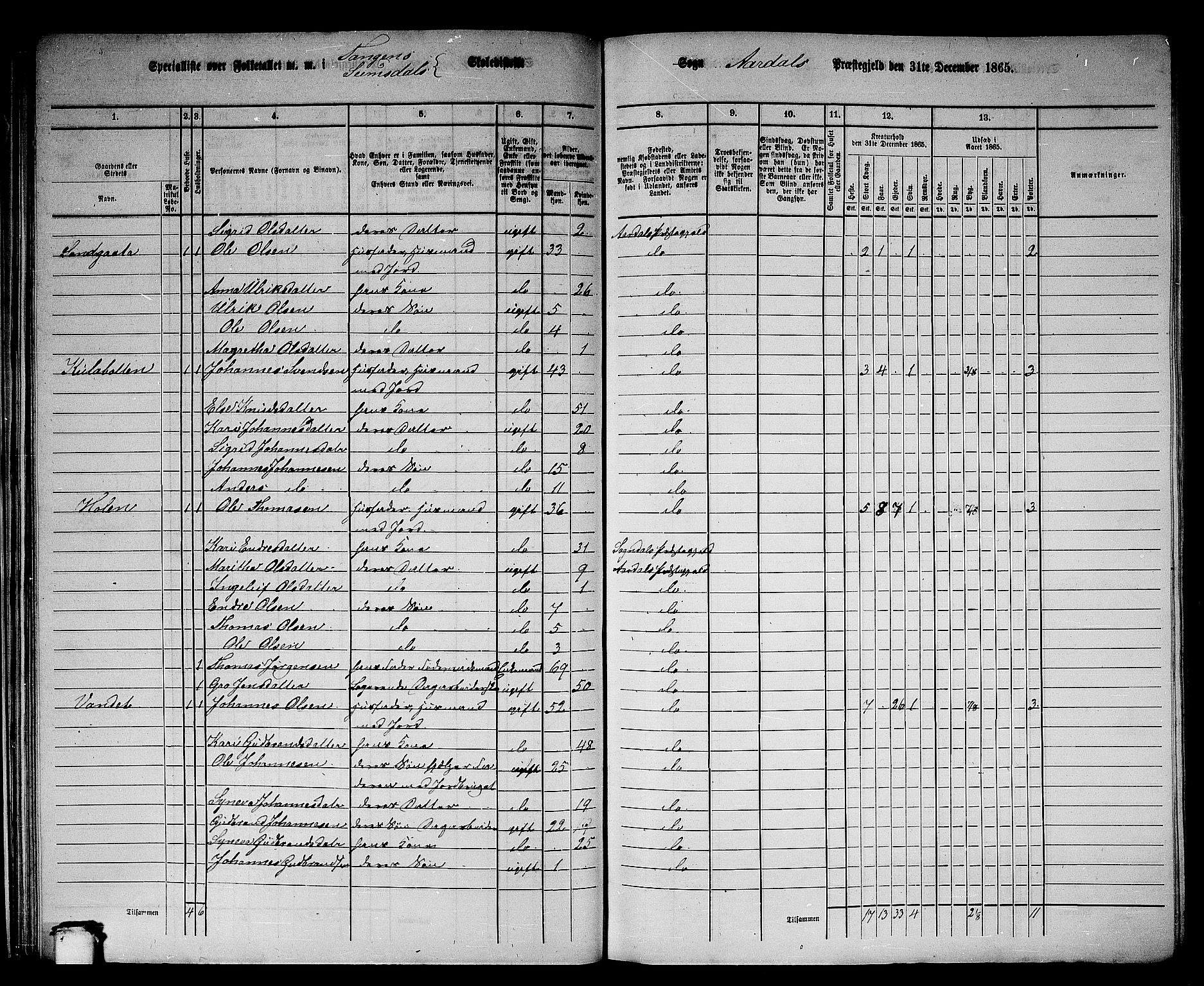 RA, Folketelling 1865 for 1424P Årdal prestegjeld, 1865, s. 34