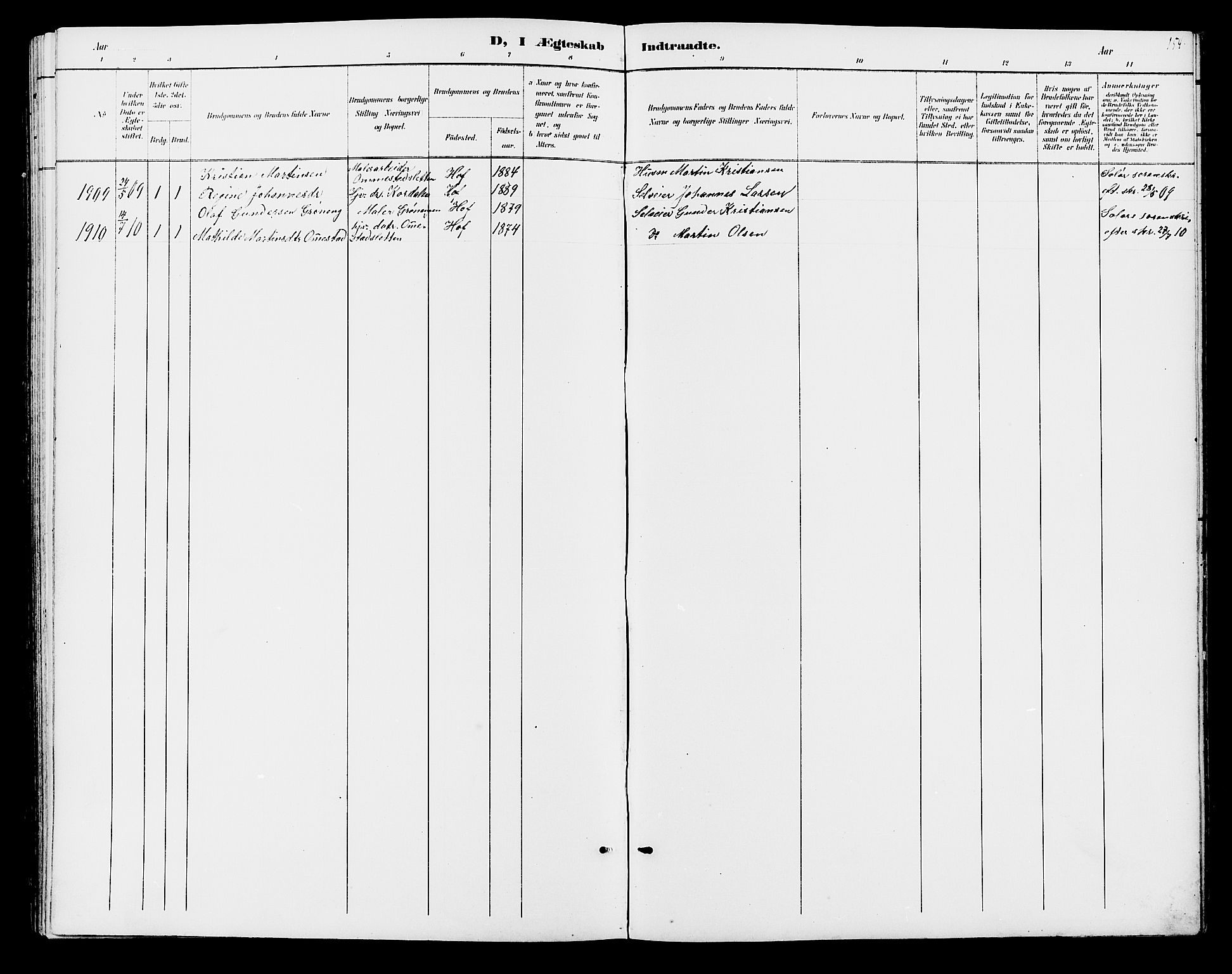 Hof prestekontor, SAH/PREST-038/H/Ha/Hab/L0001: Klokkerbok nr. 1, 1895-1914, s. 154