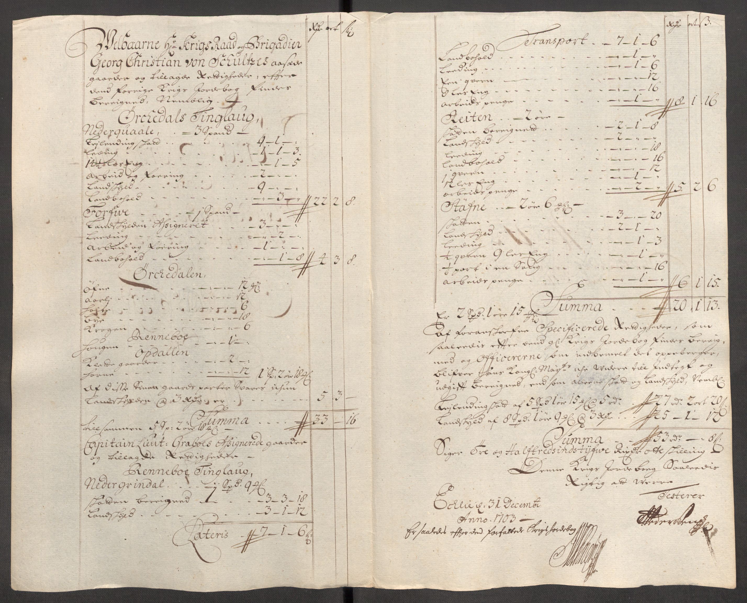 Rentekammeret inntil 1814, Reviderte regnskaper, Fogderegnskap, RA/EA-4092/R60/L3953: Fogderegnskap Orkdal og Gauldal, 1703, s. 195