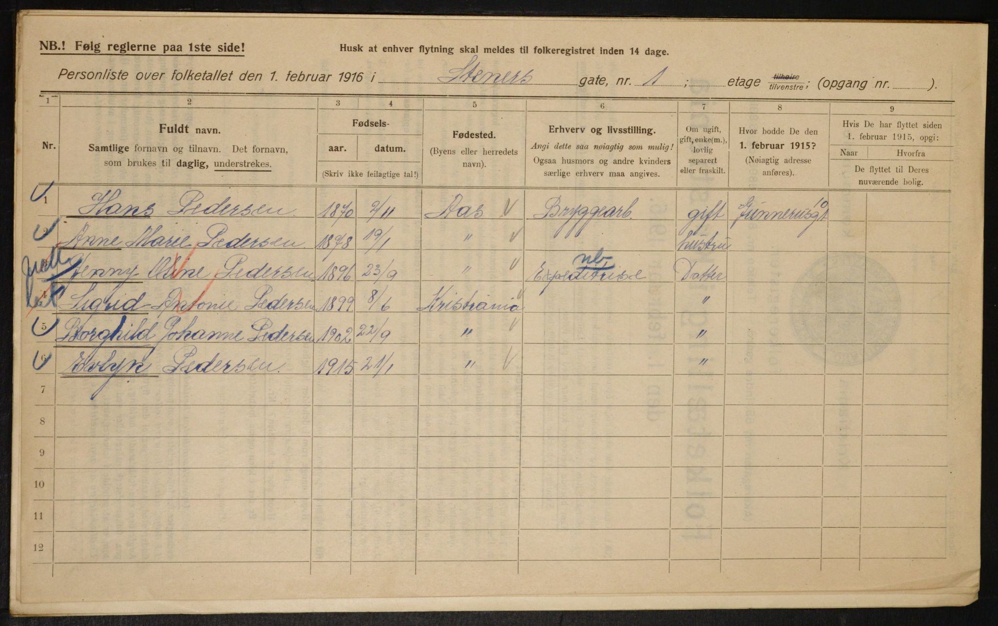 OBA, Kommunal folketelling 1.2.1916 for Kristiania, 1916, s. 104106