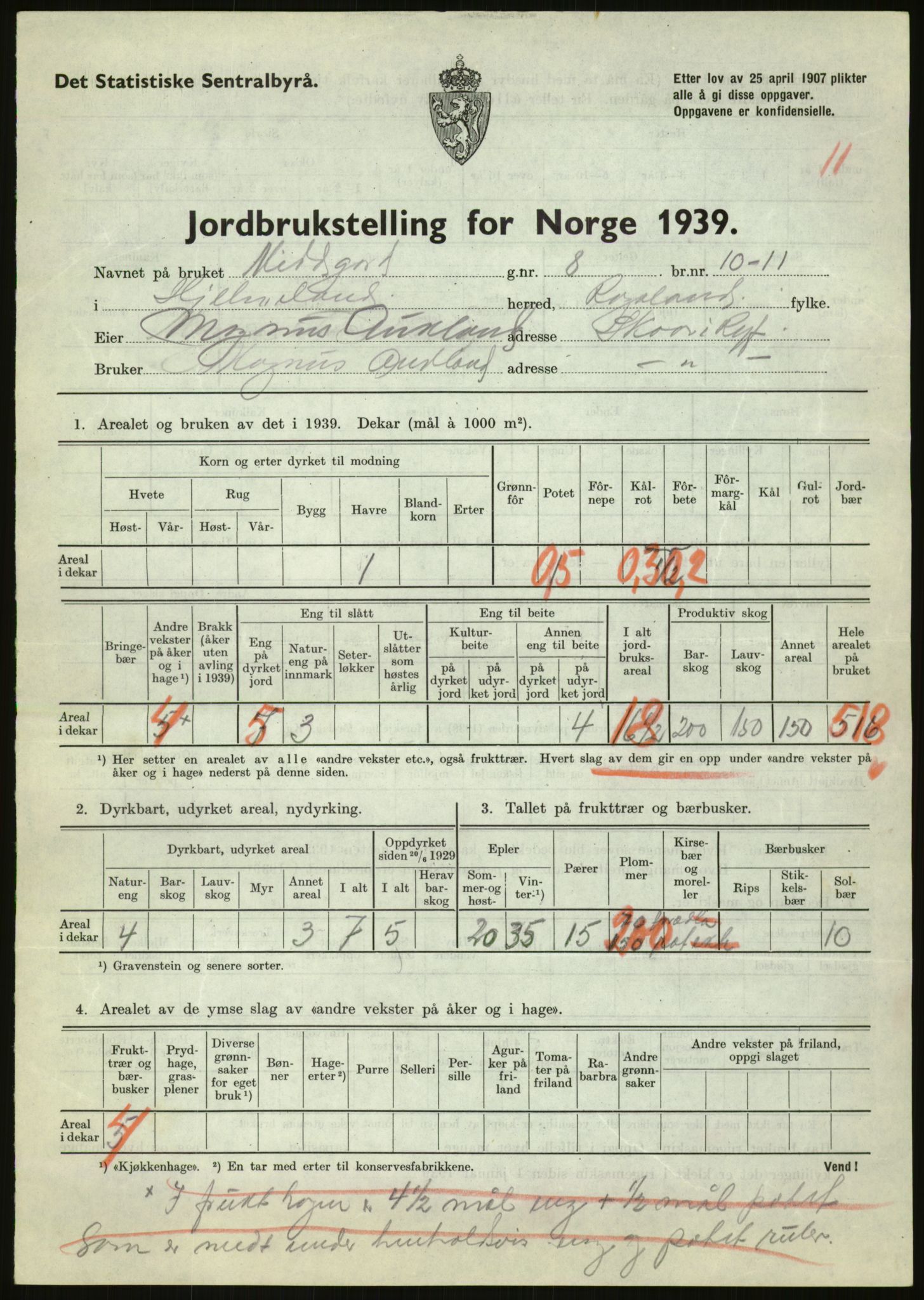 Statistisk sentralbyrå, Næringsøkonomiske emner, Jordbruk, skogbruk, jakt, fiske og fangst, AV/RA-S-2234/G/Gb/L0184: Rogaland: Årdal, Fister og Hjelmeland, 1939, s. 1273