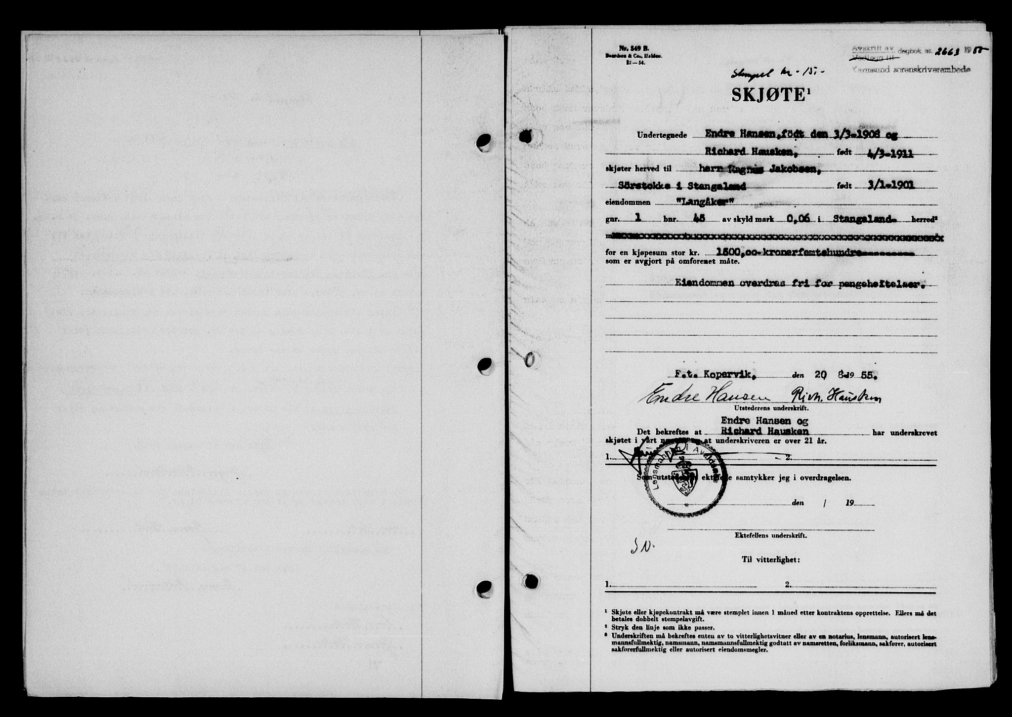 Karmsund sorenskriveri, SAST/A-100311/01/II/IIB/L0116: Pantebok nr. 96A, 1955-1955, Dagboknr: 2663/1955