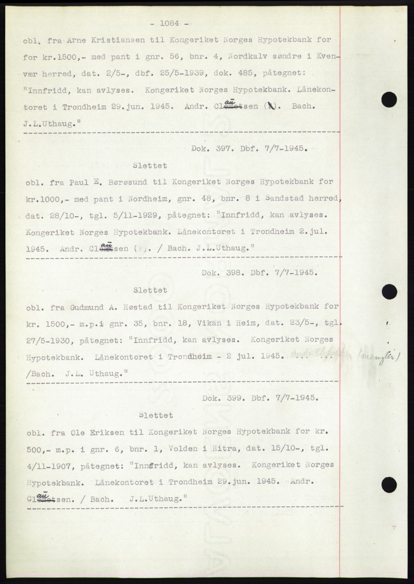 Hitra sorenskriveri, AV/SAT-A-0018/2/2C/2Ca: Pantebok nr. C1, 1936-1945, Dagboknr: 397/1945