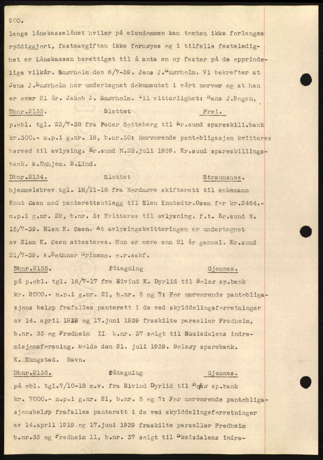 Nordmøre sorenskriveri, SAT/A-4132/1/2/2Ca: Pantebok nr. C80, 1936-1939, Dagboknr: 2133/1939