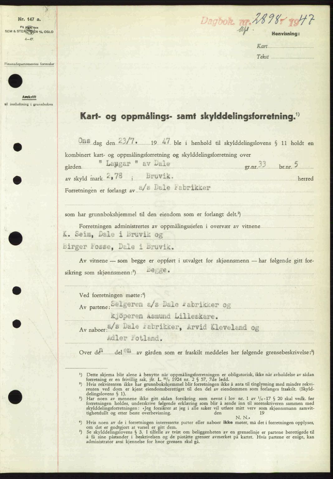 Nordhordland sorenskrivar, SAB/A-2901/1/G/Gb/Gbf/L0032: Pantebok nr. A32, 1947-1947, Dagboknr: 2898/1947