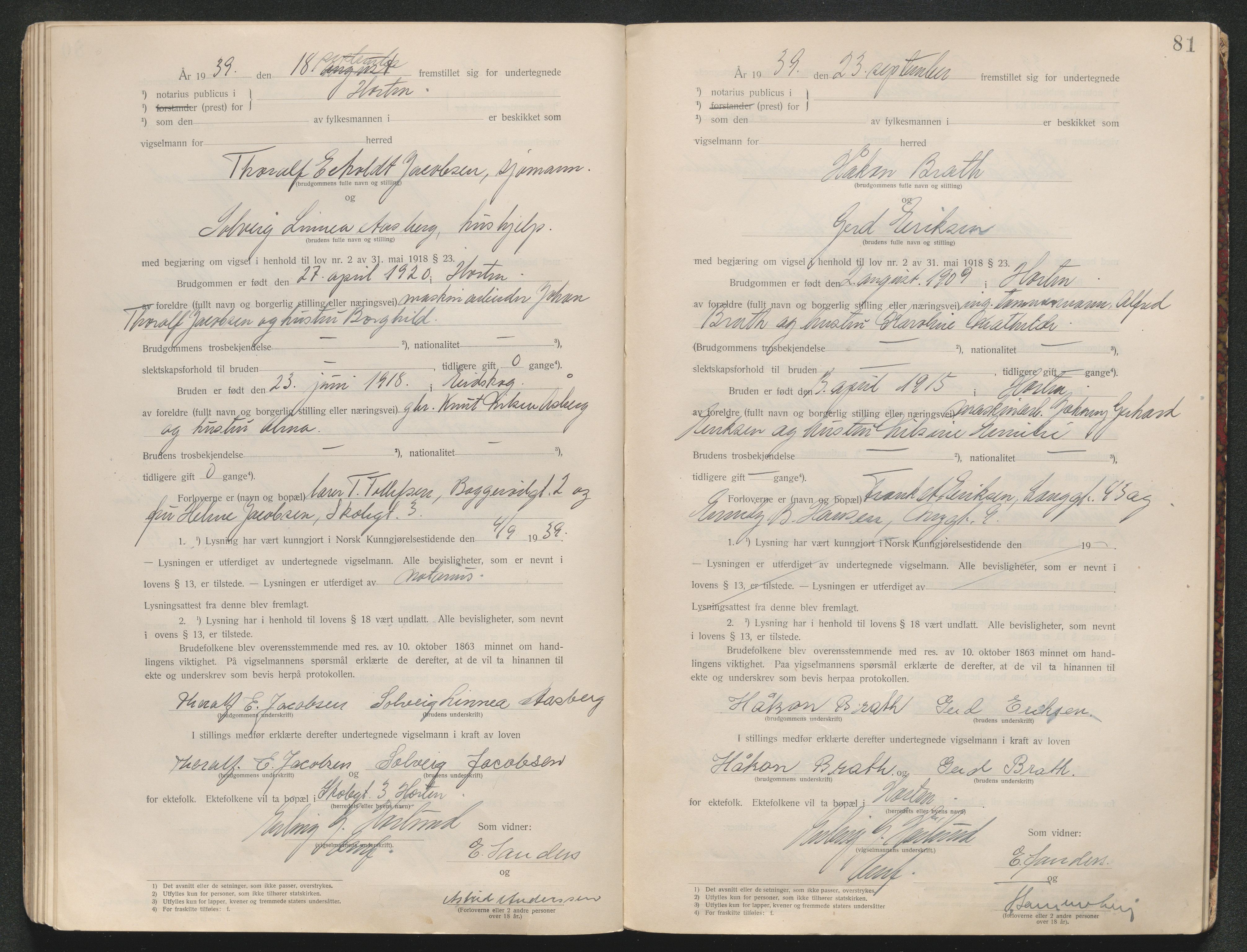 Horten sorenskriveri, AV/SAKO-A-133/L/Lc/L0001: Vigselsbok, 1920-1941, s. 83