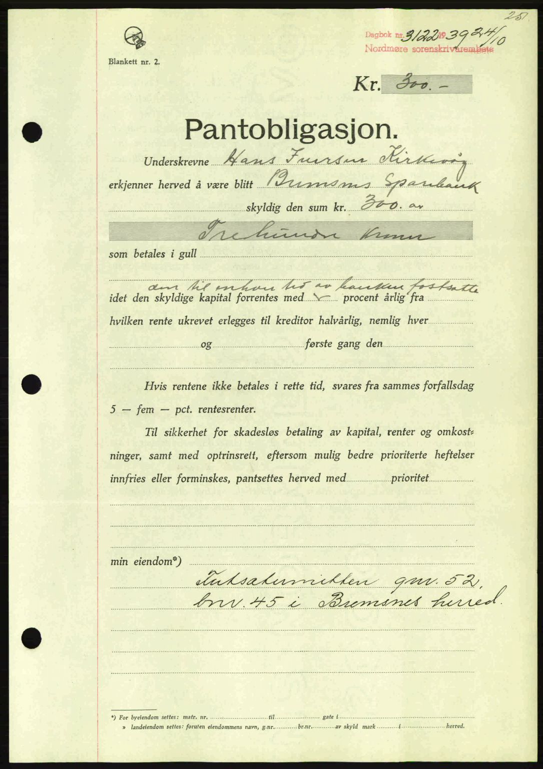 Nordmøre sorenskriveri, AV/SAT-A-4132/1/2/2Ca: Pantebok nr. B86, 1939-1940, Dagboknr: 3122/1939