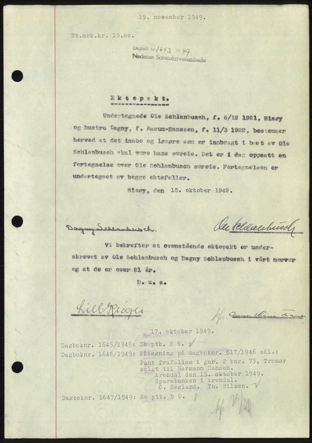 Nedenes sorenskriveri, AV/SAK-1221-0006/G/Gb/Gba/L0061: Pantebok nr. A13, 1949-1949, Dagboknr: 1643/1949