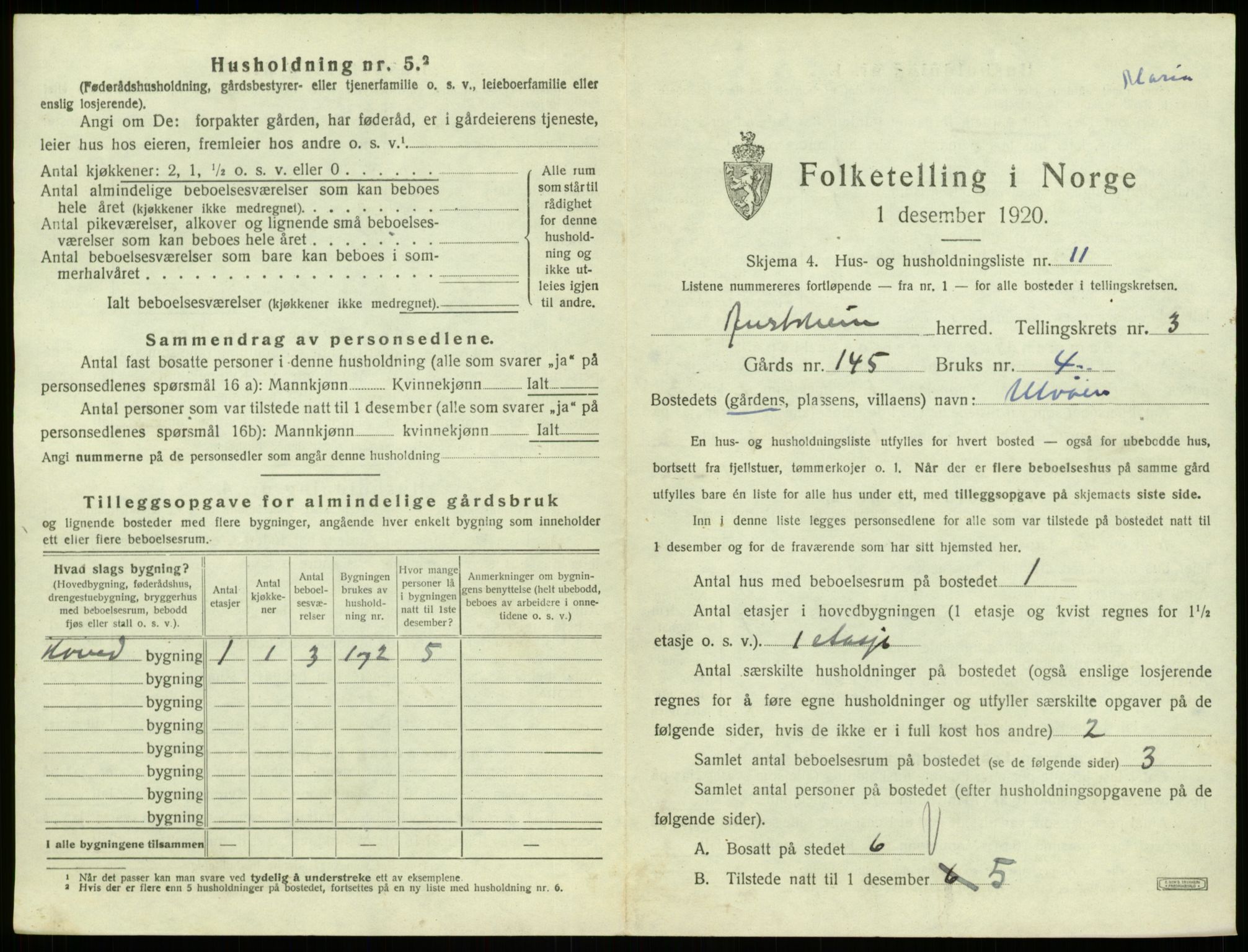 SAB, Folketelling 1920 for 1264 Austrheim herred, 1920, s. 187