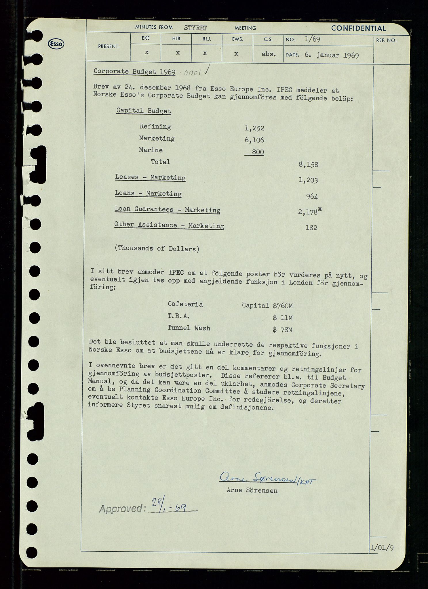 Pa 0982 - Esso Norge A/S, SAST/A-100448/A/Aa/L0003/0001: Den administrerende direksjon Board minutes (styrereferater) og Bedriftforsamlingsprotokoll / Den administrerende direksjon Board minutes (styrereferater), 1969, s. 2