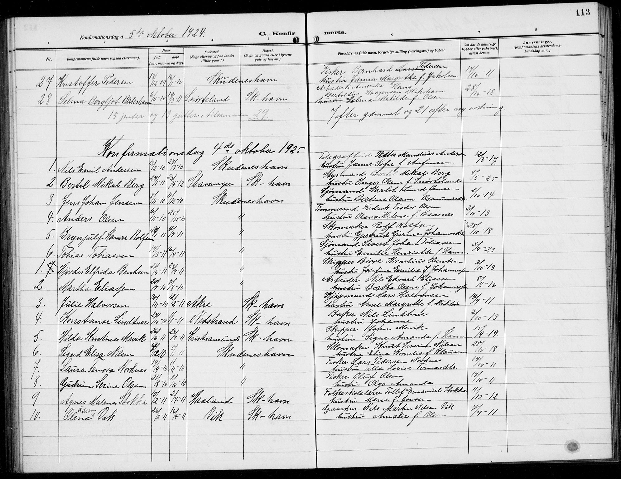 Skudenes sokneprestkontor, AV/SAST-A -101849/H/Ha/Hab/L0010: Klokkerbok nr. B 10, 1908-1936, s. 113