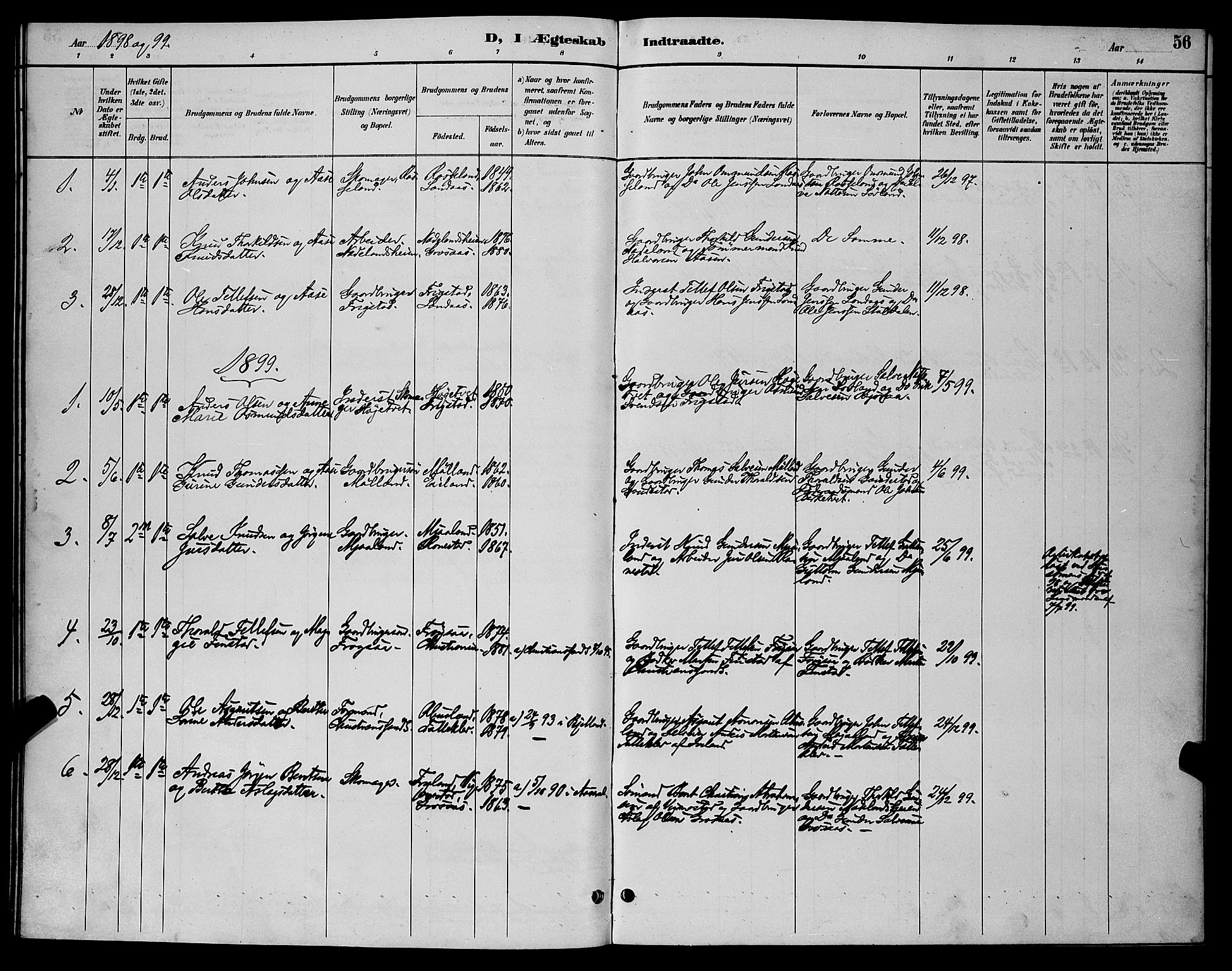 Evje sokneprestkontor, AV/SAK-1111-0008/F/Fb/Fbc/L0004: Klokkerbok nr. B 4, 1890-1900, s. 56