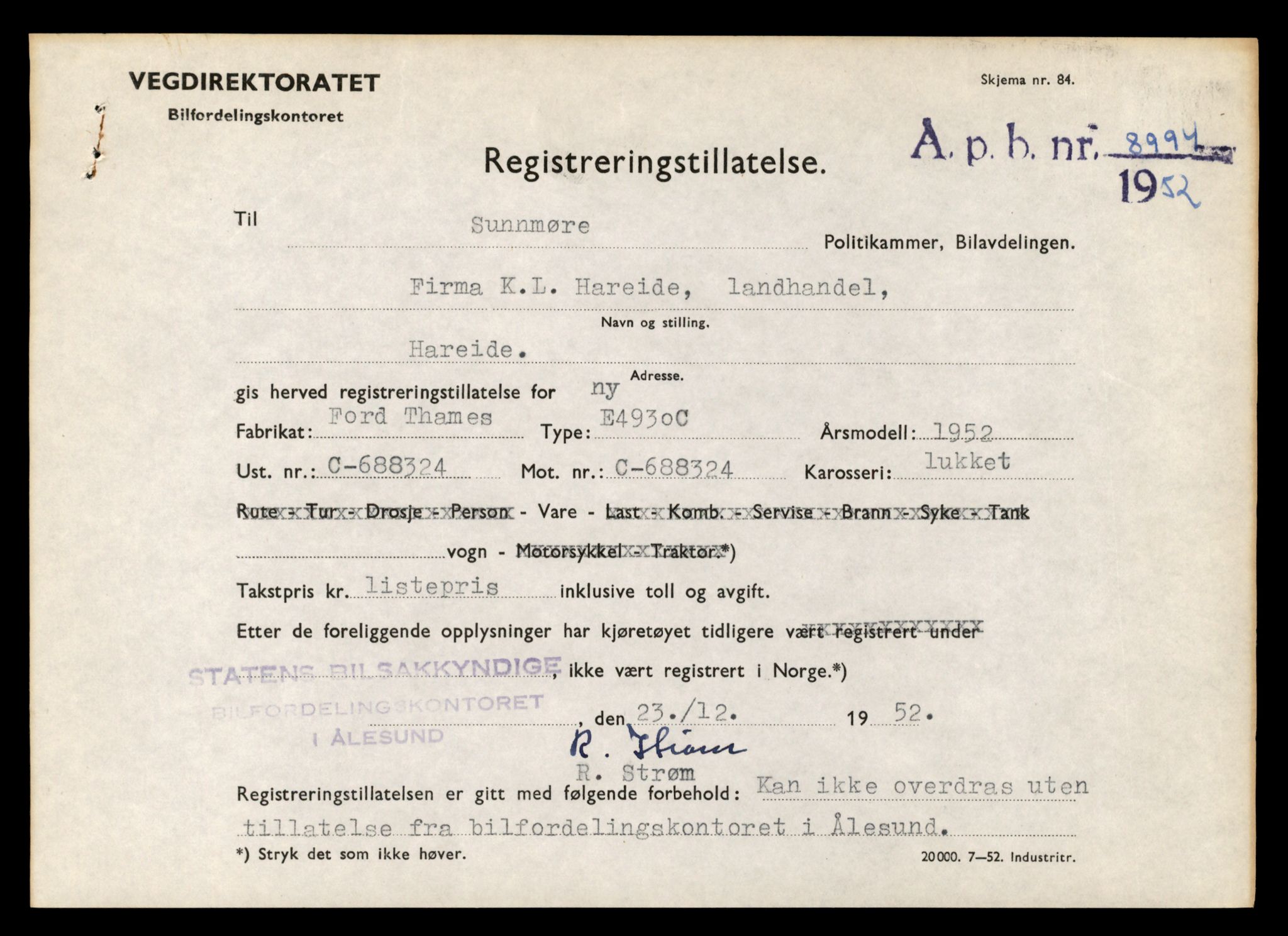 Møre og Romsdal vegkontor - Ålesund trafikkstasjon, AV/SAT-A-4099/F/Fe/L0012: Registreringskort for kjøretøy T 1290 - T 1450, 1927-1998, s. 3220