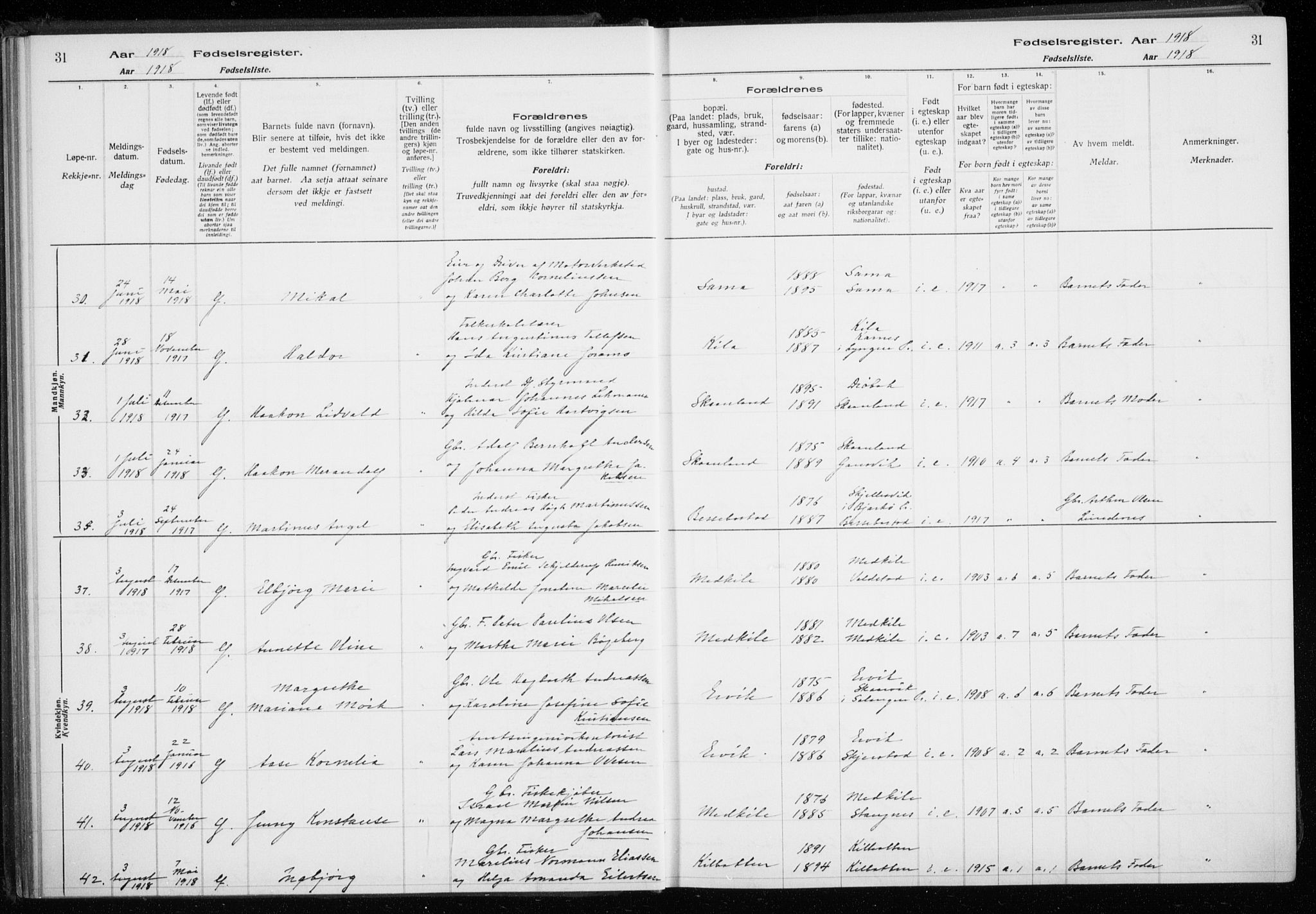 Trondenes sokneprestkontor, SATØ/S-1319/I/Ia/L0089: Fødselsregister nr. 89, 1916-1925, s. 31