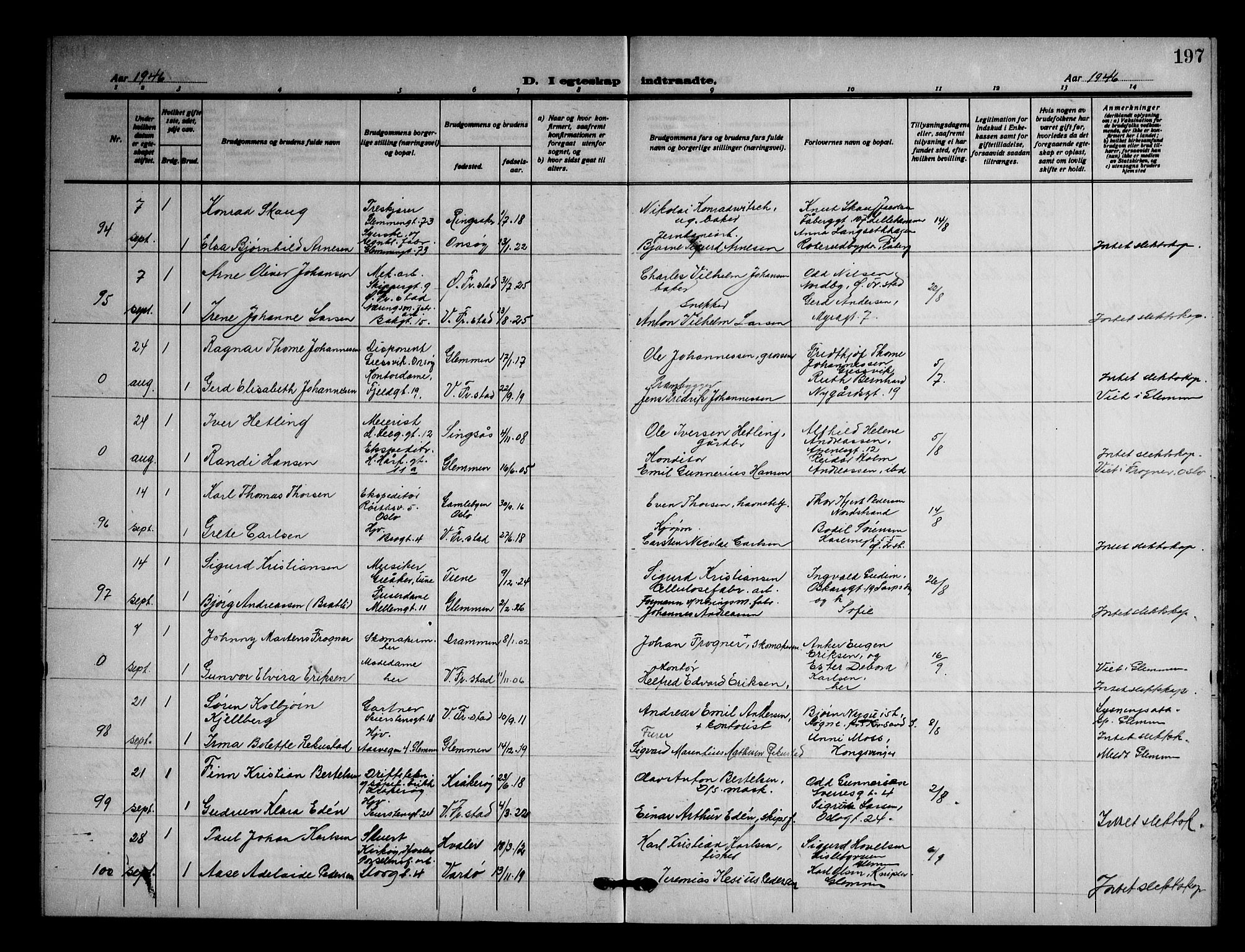Fredrikstad domkirkes prestekontor Kirkebøker, AV/SAO-A-10906/G/Ga/L0006: Klokkerbok nr. 6, 1923-1949, s. 197