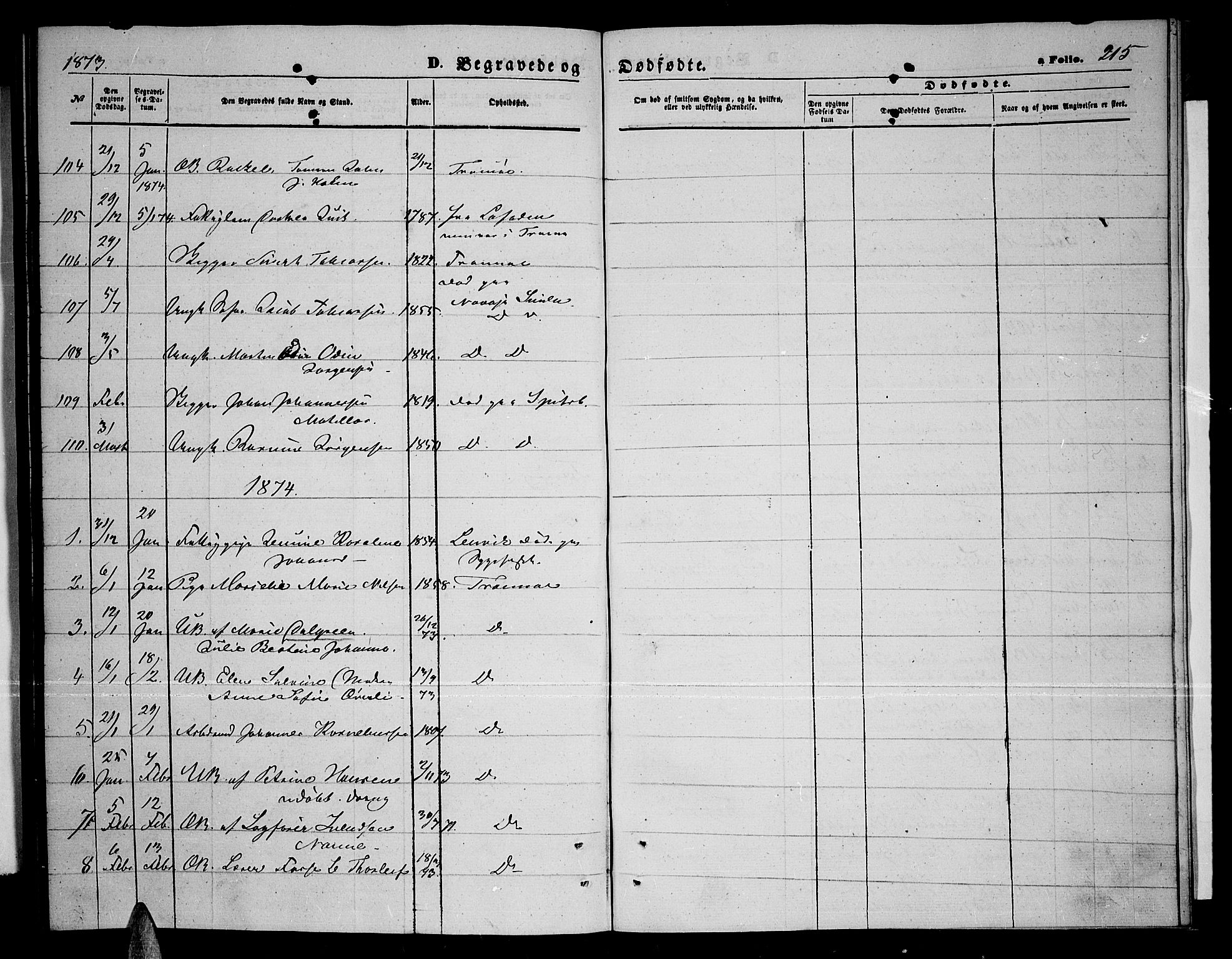 Tromsø sokneprestkontor/stiftsprosti/domprosti, SATØ/S-1343/G/Gb/L0007klokker: Klokkerbok nr. 7, 1867-1875, s. 215