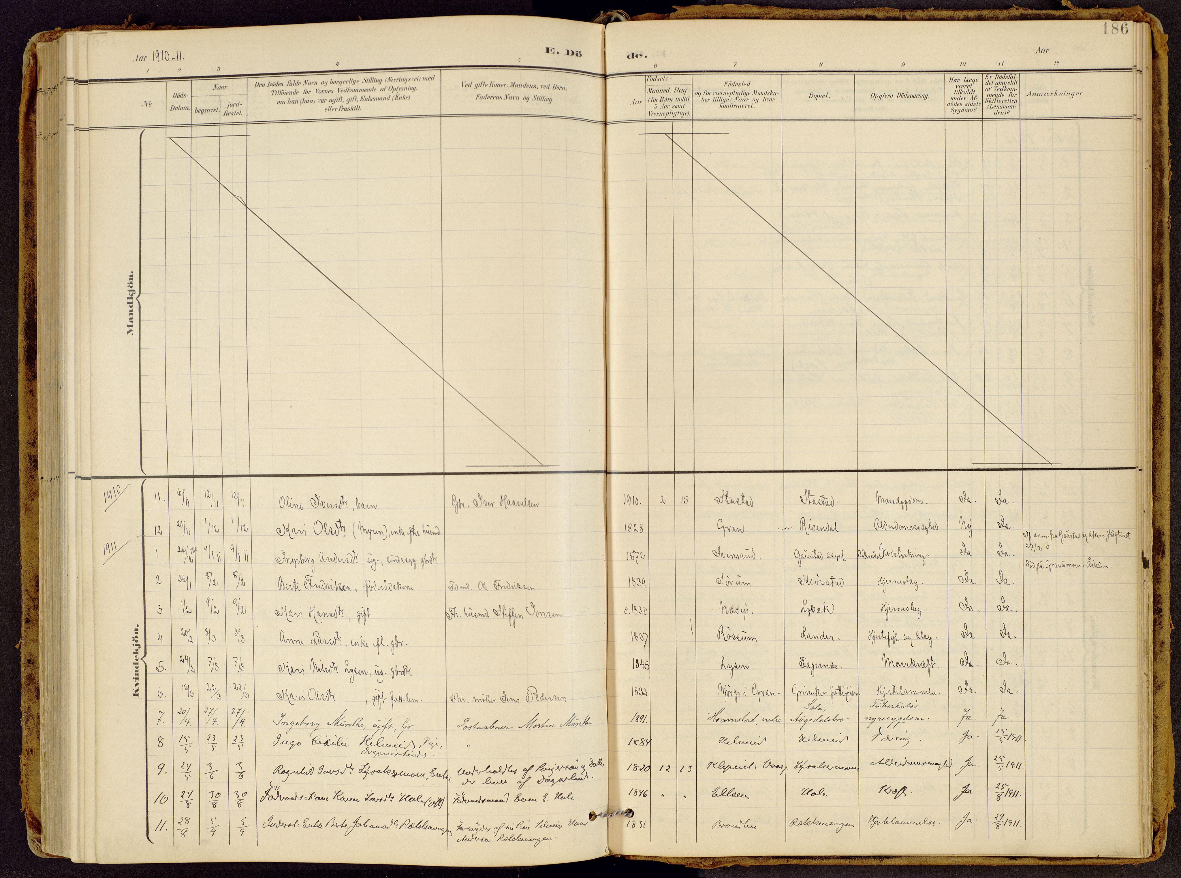 Brandbu prestekontor, AV/SAH-PREST-114/H/Ha/Haa/L0002: Ministerialbok nr. 2, 1899-1914, s. 186