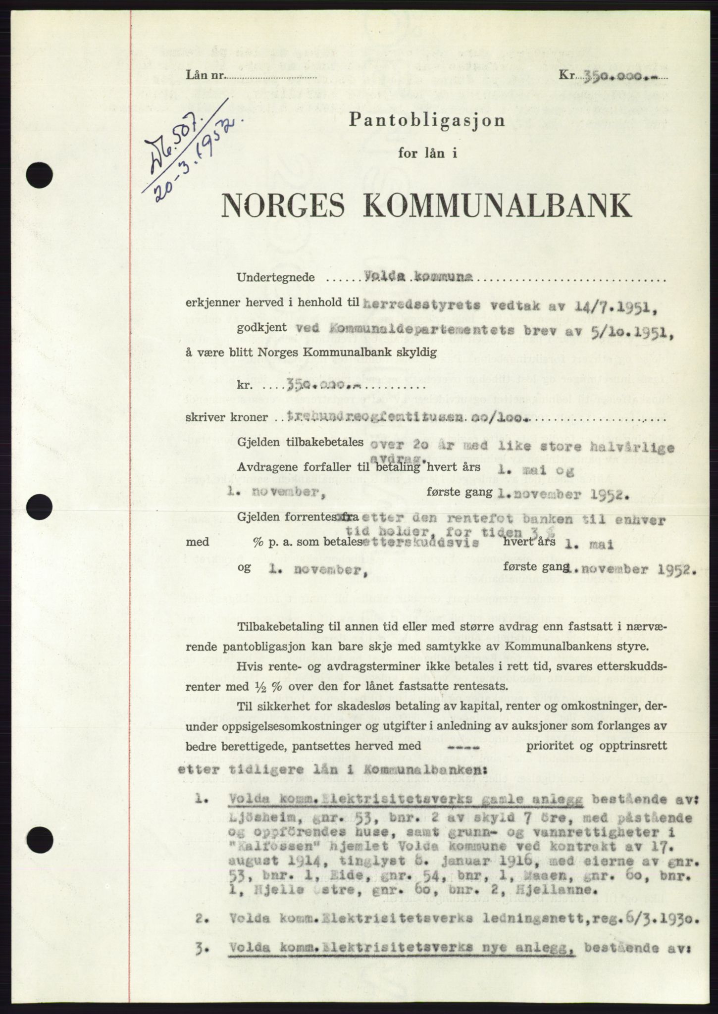 Søre Sunnmøre sorenskriveri, AV/SAT-A-4122/1/2/2C/L0121: Pantebok nr. 9B, 1951-1952, Dagboknr: 507/1952