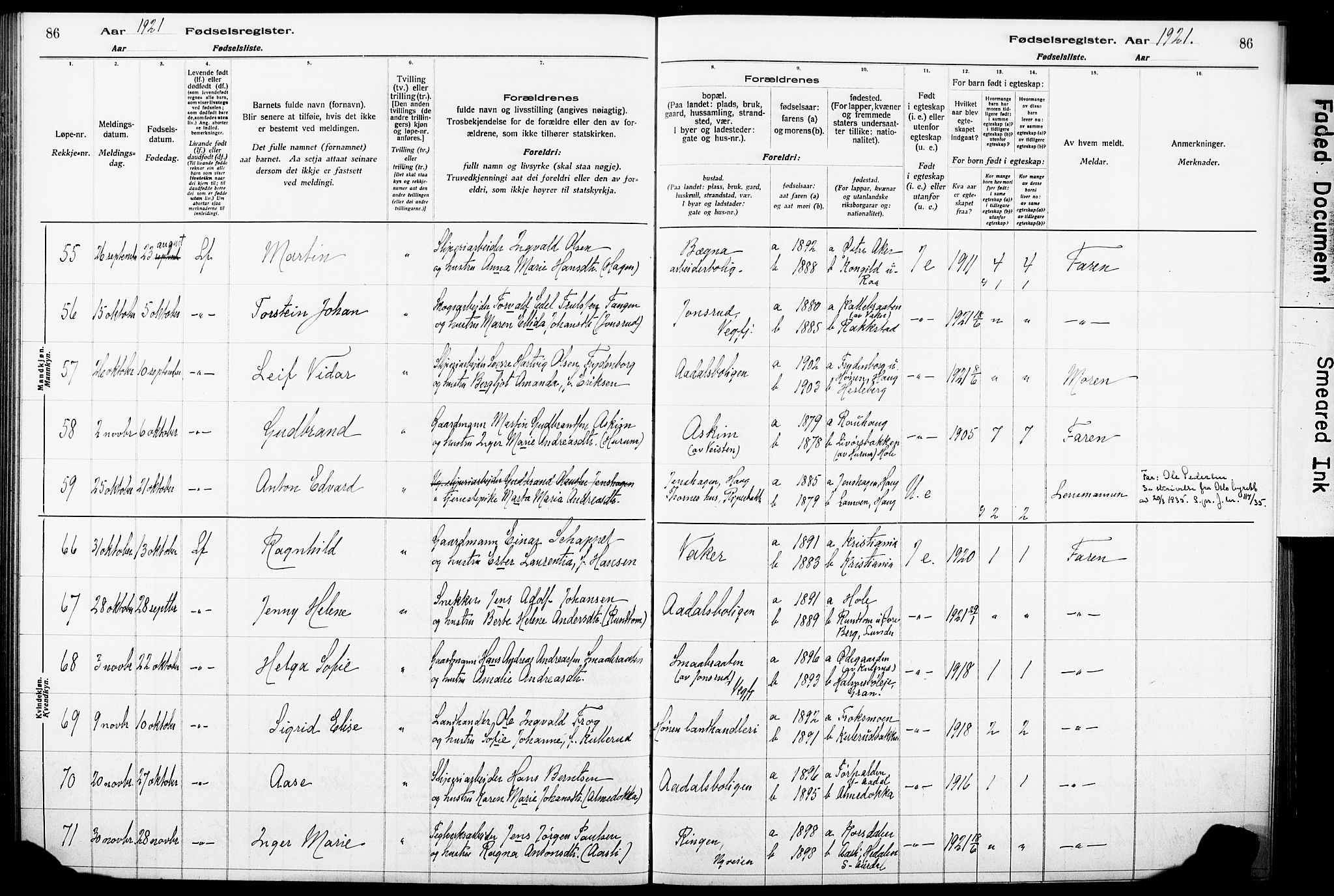 Norderhov kirkebøker, AV/SAKO-A-237/J/Ja/L0001: Fødselsregister nr. 1, 1916-1930, s. 86