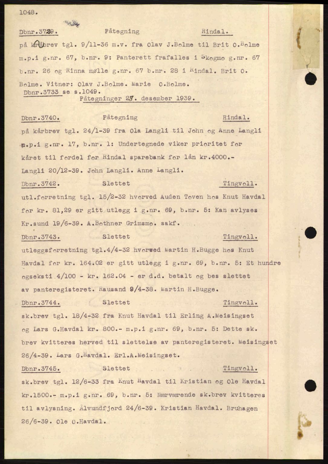 Nordmøre sorenskriveri, SAT/A-4132/1/2/2Ca: Pantebok nr. C80, 1936-1939, Dagboknr: 3729/1939