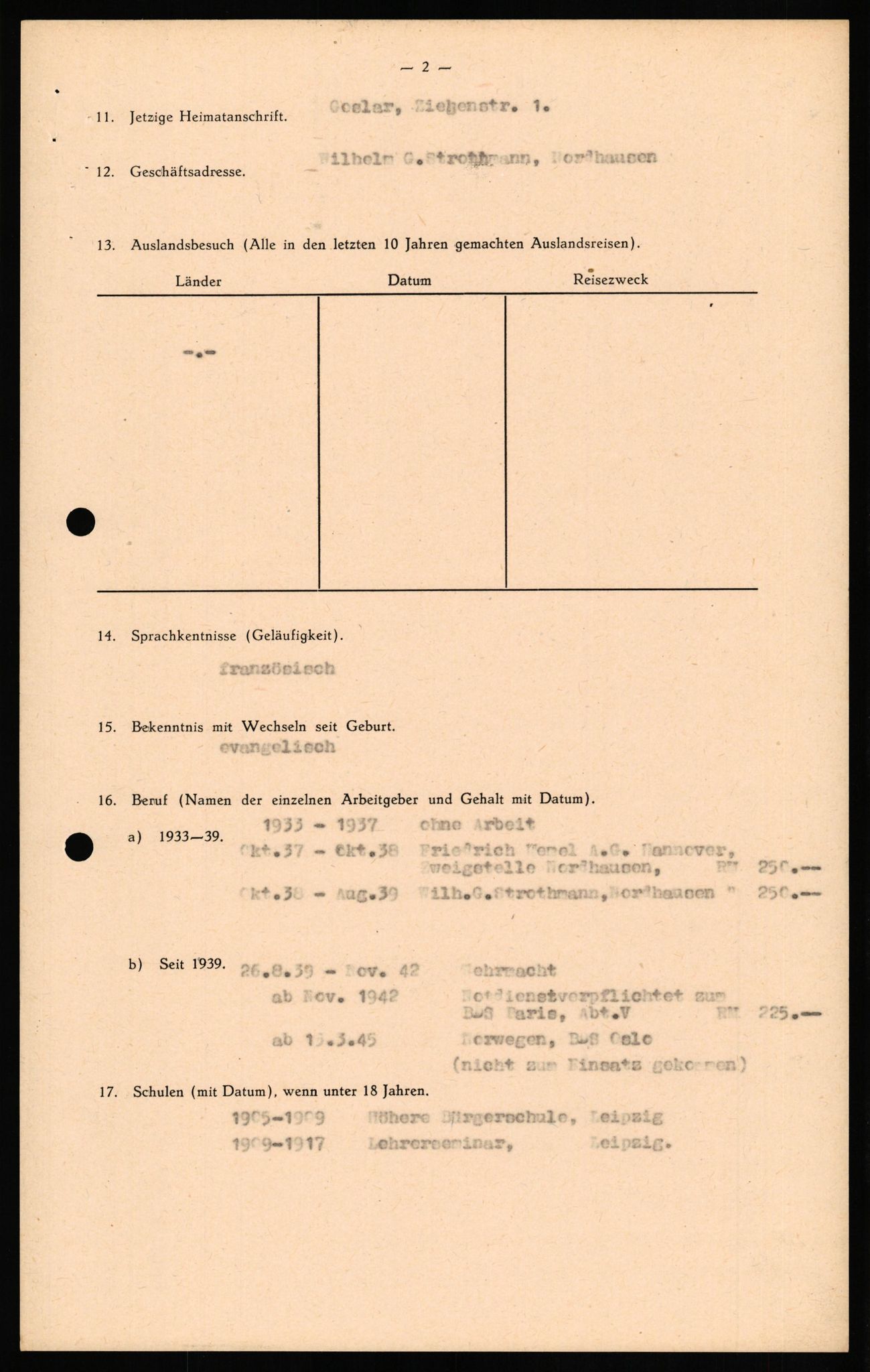 Forsvaret, Forsvarets overkommando II, RA/RAFA-3915/D/Db/L0023: CI Questionaires. Tyske okkupasjonsstyrker i Norge. Tyskere., 1945-1946, s. 3