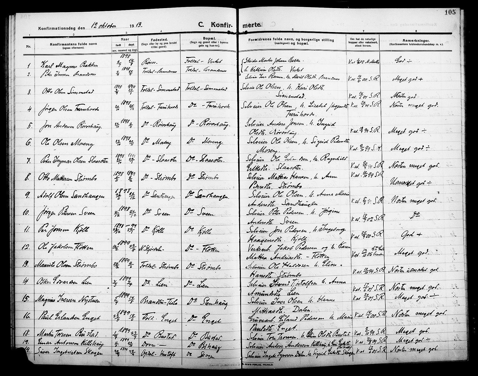 Alvdal prestekontor, AV/SAH-PREST-060/H/Ha/Hab/L0006: Klokkerbok nr. 6, 1910-1924, s. 105