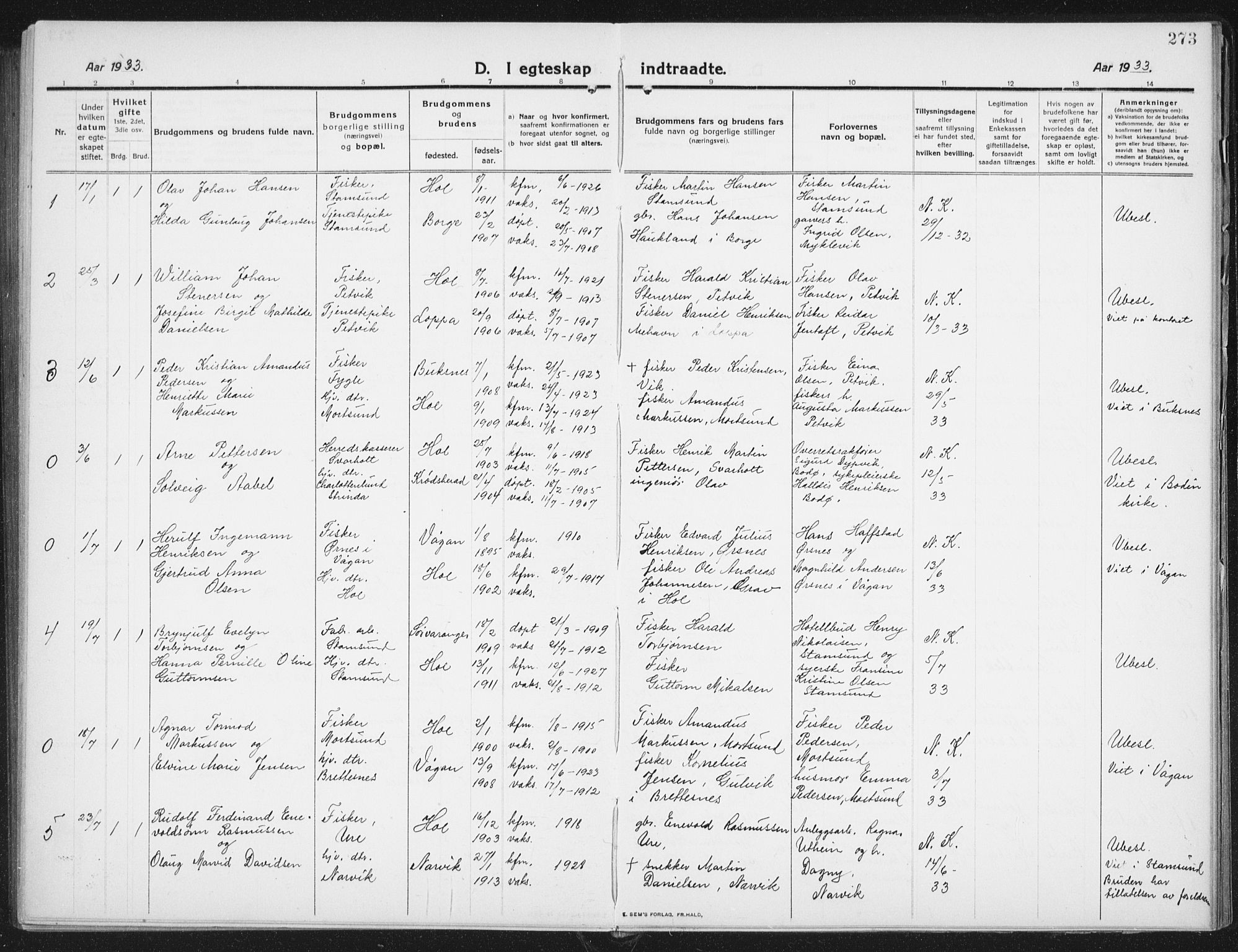 Ministerialprotokoller, klokkerbøker og fødselsregistre - Nordland, AV/SAT-A-1459/882/L1183: Klokkerbok nr. 882C01, 1911-1938, s. 273