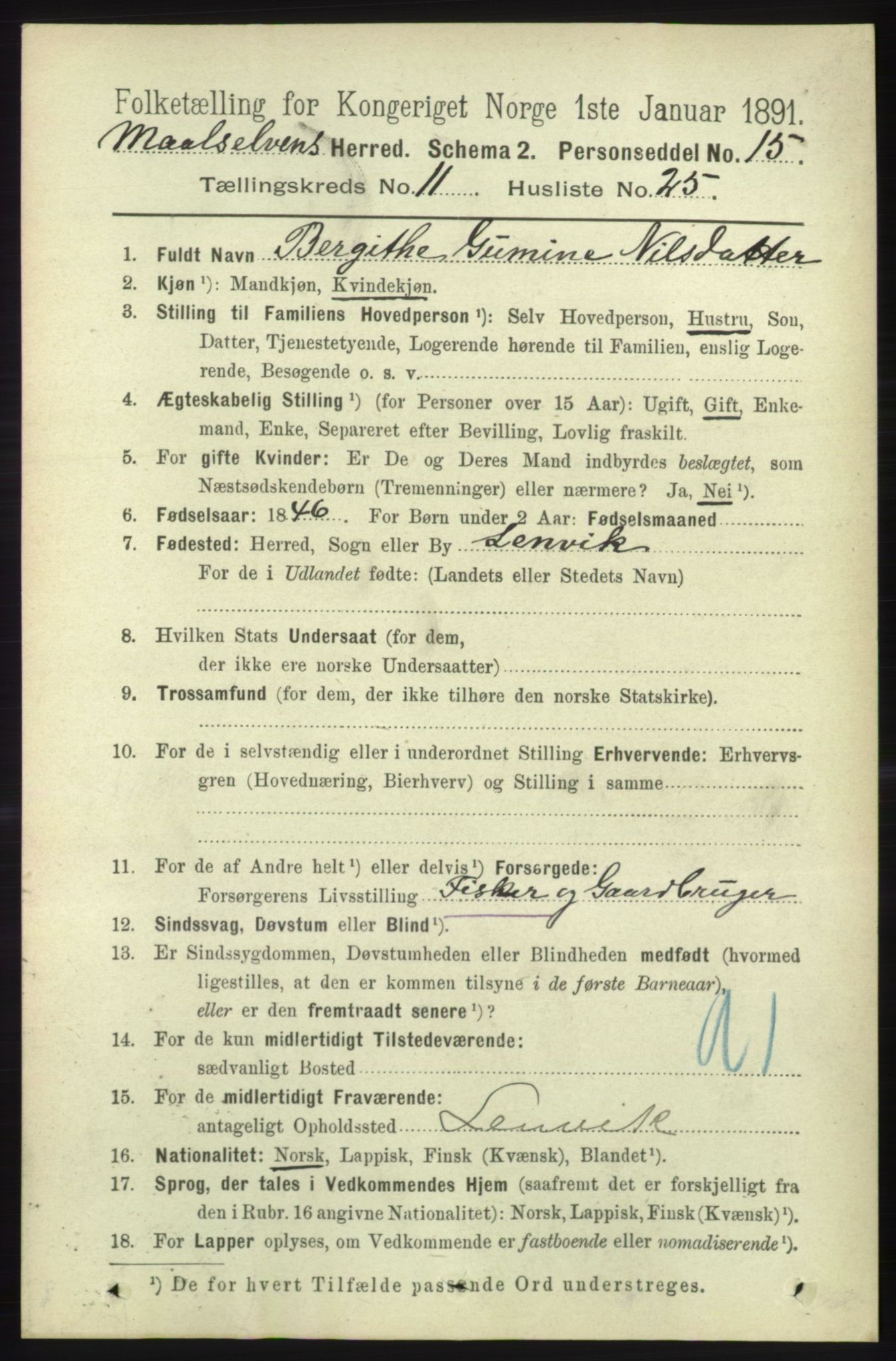 RA, Folketelling 1891 for 1924 Målselv herred, 1891, s. 3443