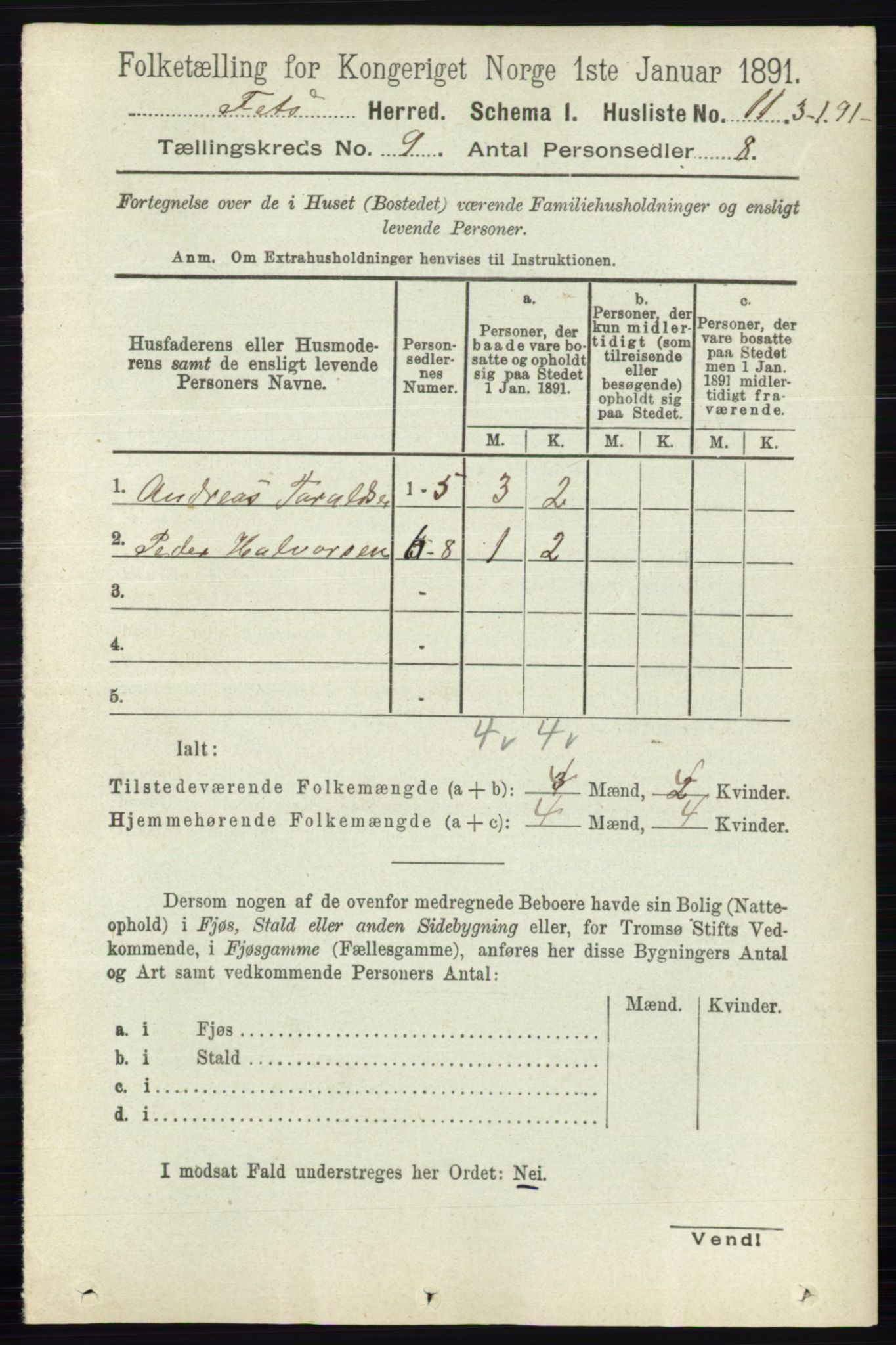 RA, Folketelling 1891 for 0227 Fet herred, 1891, s. 3425