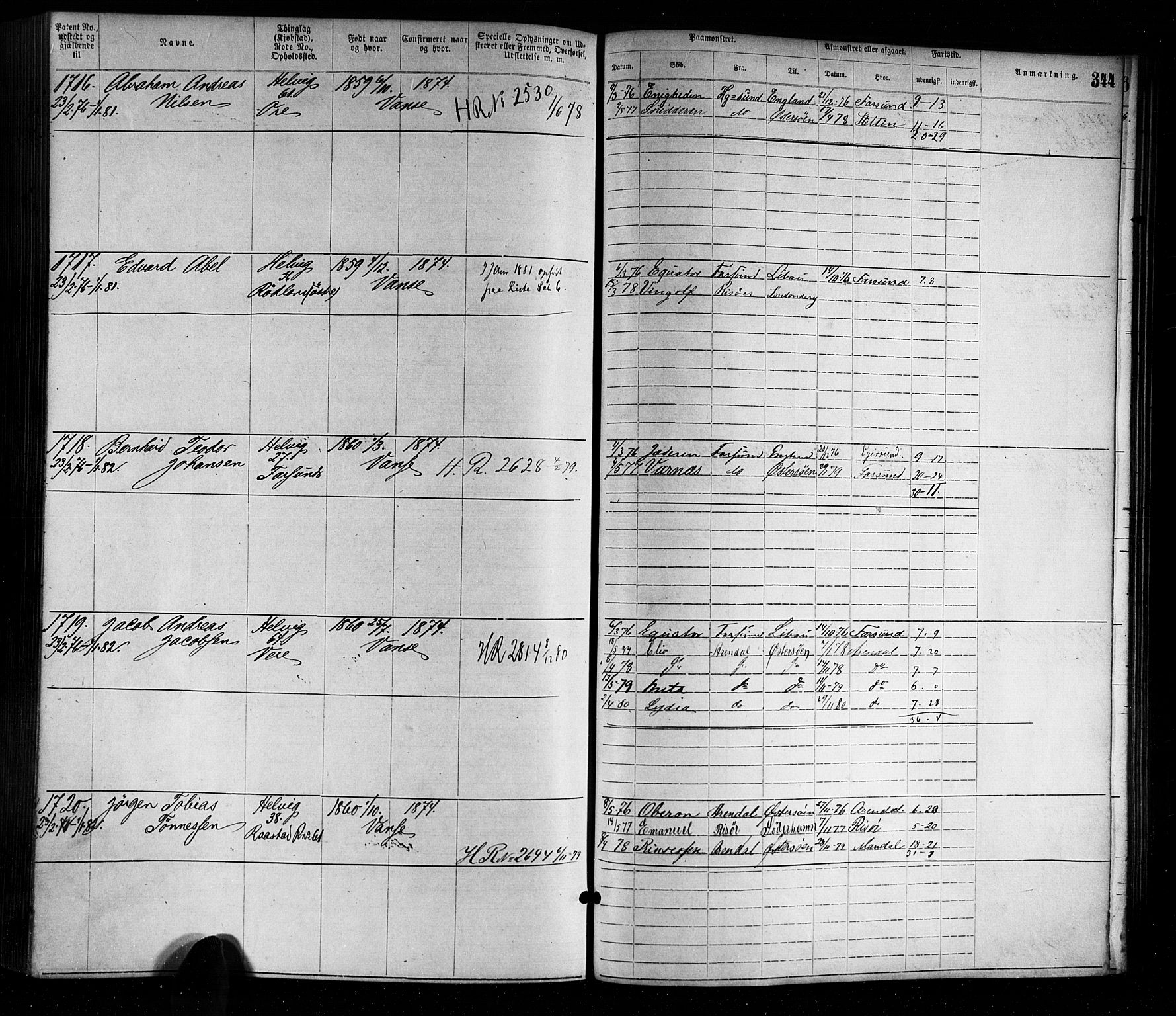 Farsund mønstringskrets, SAK/2031-0017/F/Fa/L0001: Annotasjonsrulle nr 1-1920 med register, M-1, 1869-1877, s. 376