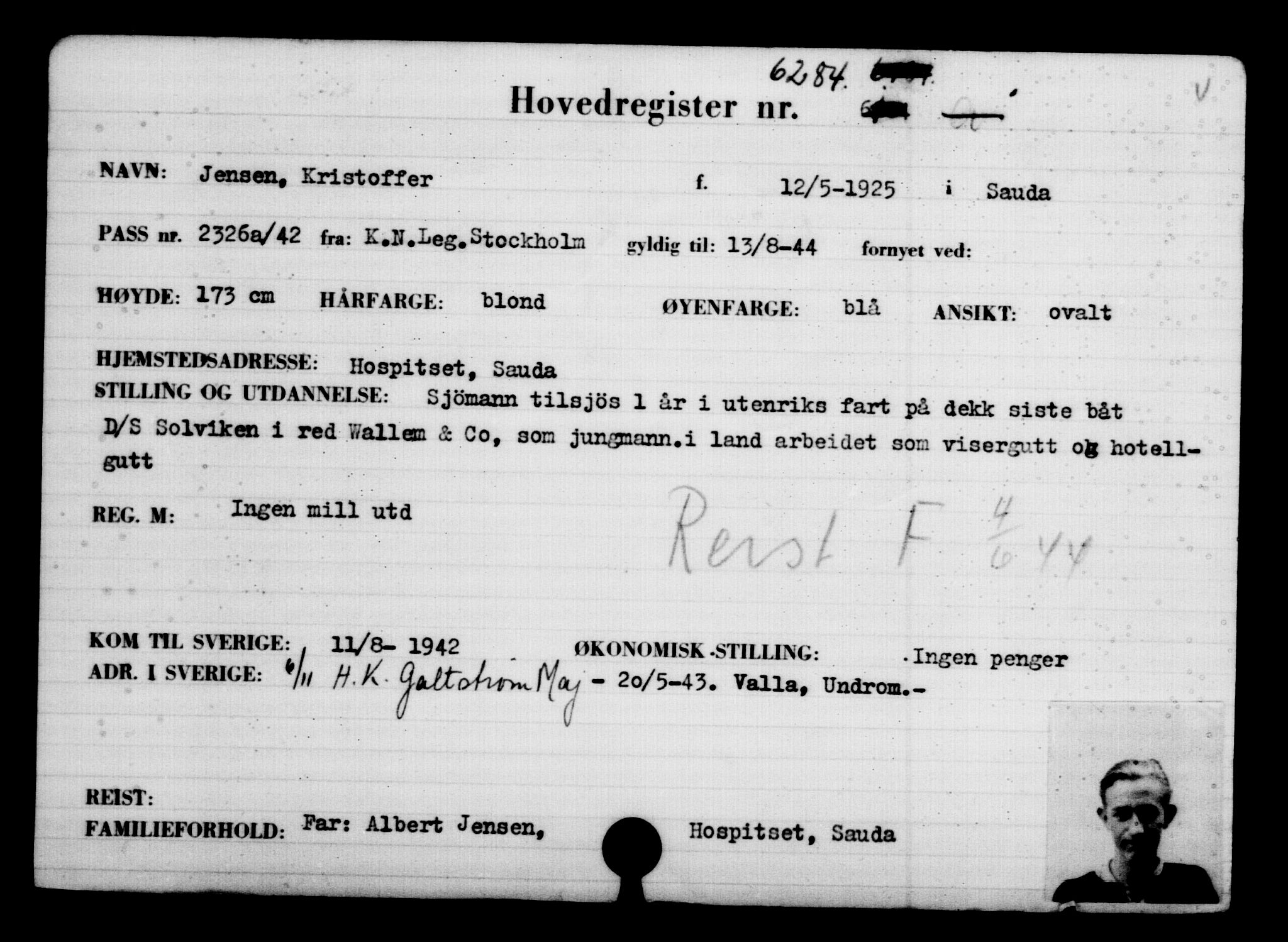 Utenriksstasjonene, Legasjonen i Stockholm, Flyktningkontoret, AV/RA-S-6753/V/Va/L0004: Kjesäterkartoteket, flyktninger med registreringsnr. 3496-6610, 1940-1945, s. 3285
