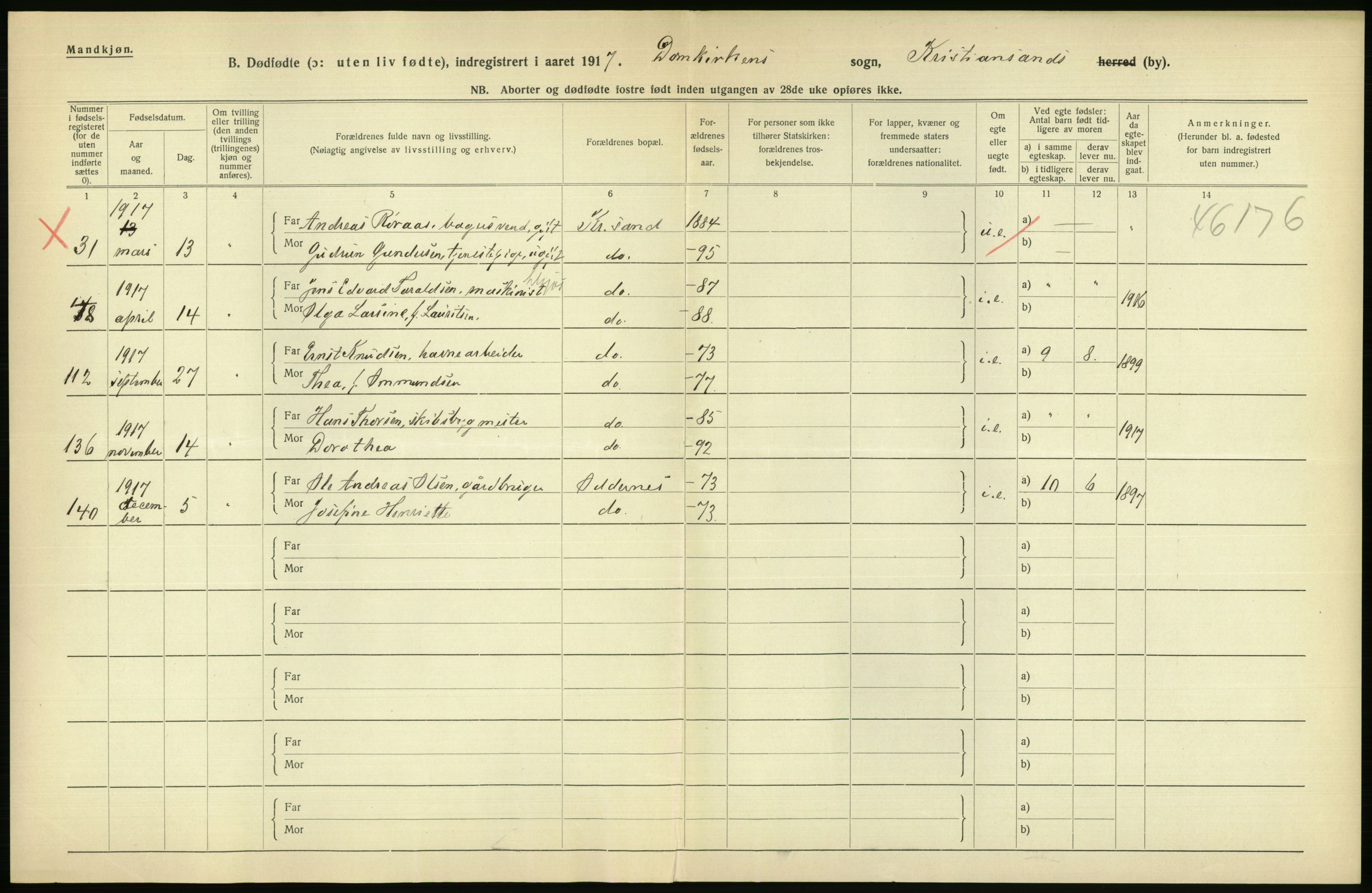 Statistisk sentralbyrå, Sosiodemografiske emner, Befolkning, AV/RA-S-2228/D/Df/Dfb/Dfbg/L0030: Lister og Mandals amt: Gifte, døde, dødfødte. Bygder og byer., 1917, s. 514