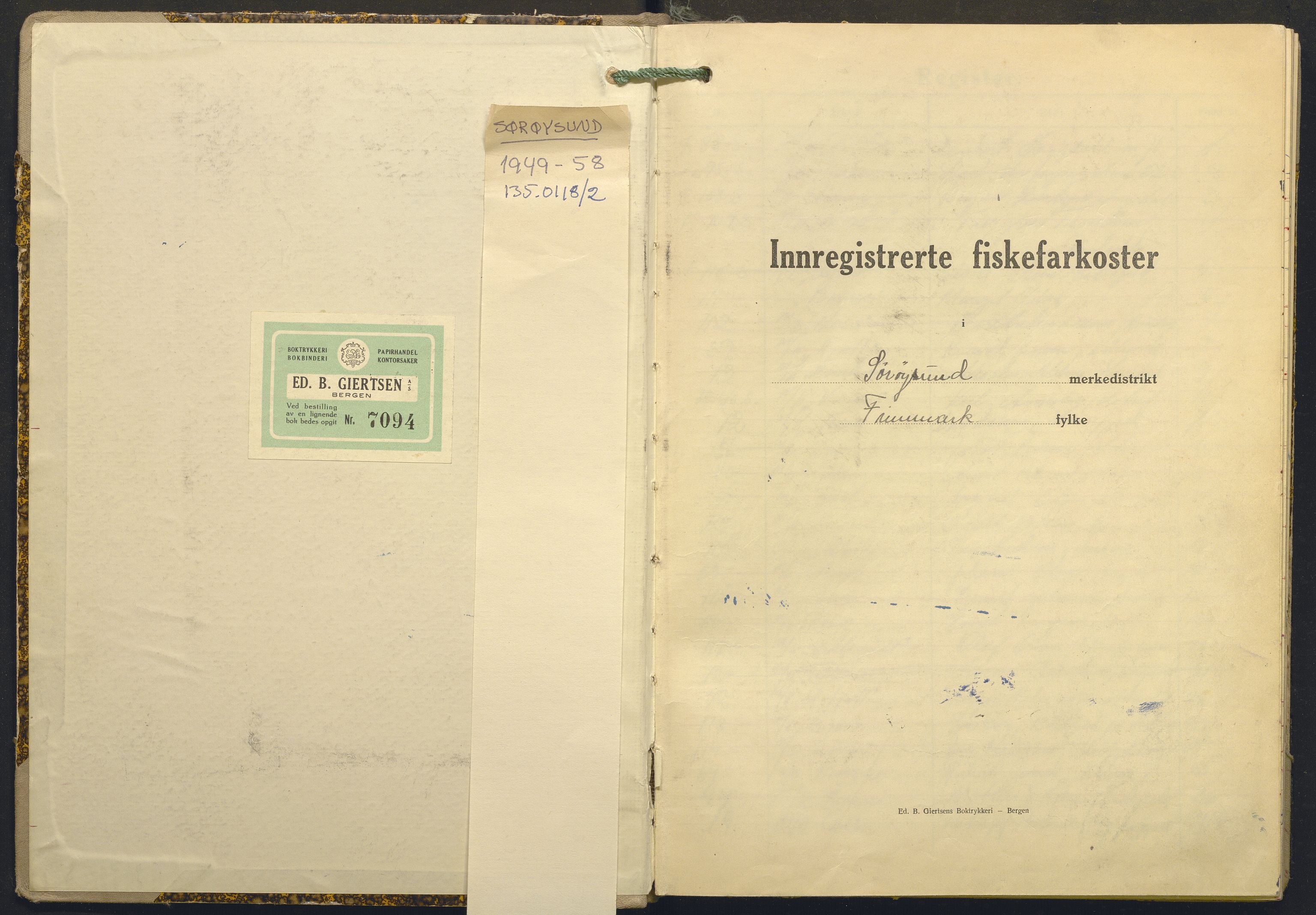 Fiskeridirektoratet - 1 Adm. ledelse - 13 Båtkontoret, AV/SAB-A-2003/I/Ia/Ia.a/L0054: 135.0118/2 Merkeprotokoll - Sørøysund, 1949-1958