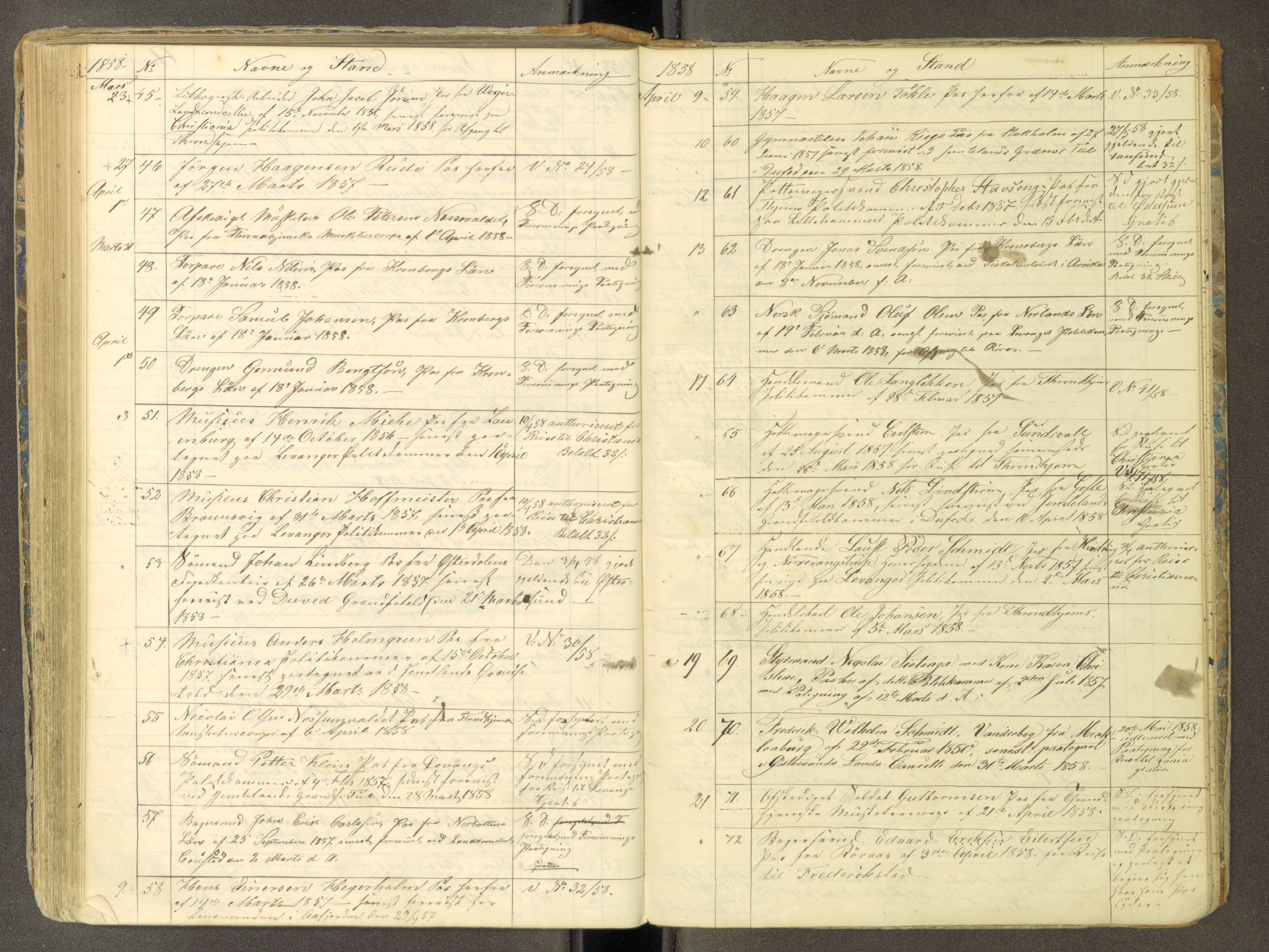 Trondheim politikammer, AV/SAT-A-1887/1/30/L0010: Passprotokoll. Utstedte pass 1850-1855. Innleverte pass 1850-1860, 1850-1860