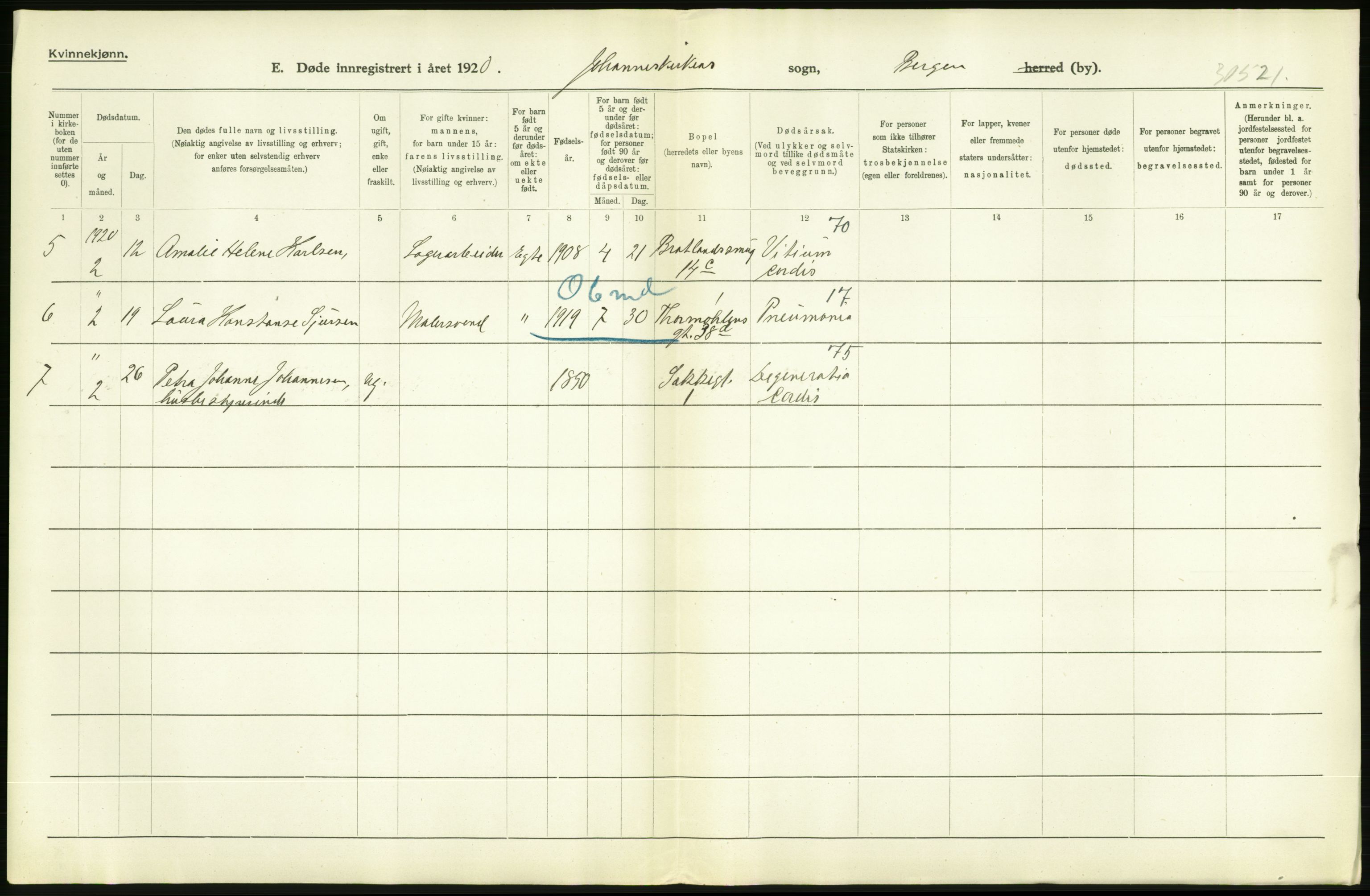 Statistisk sentralbyrå, Sosiodemografiske emner, Befolkning, AV/RA-S-2228/D/Df/Dfb/Dfbj/L0042: Bergen: Gifte, døde, dødfødte., 1920, s. 612