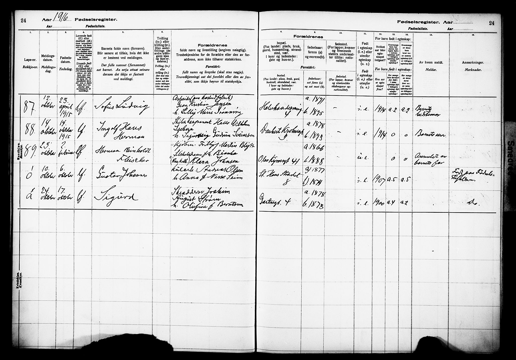 Domkirken sokneprestembete, AV/SAB-A-74801/I/Id/L00A1: Fødselsregister nr. A 1, 1916-1923, s. 24