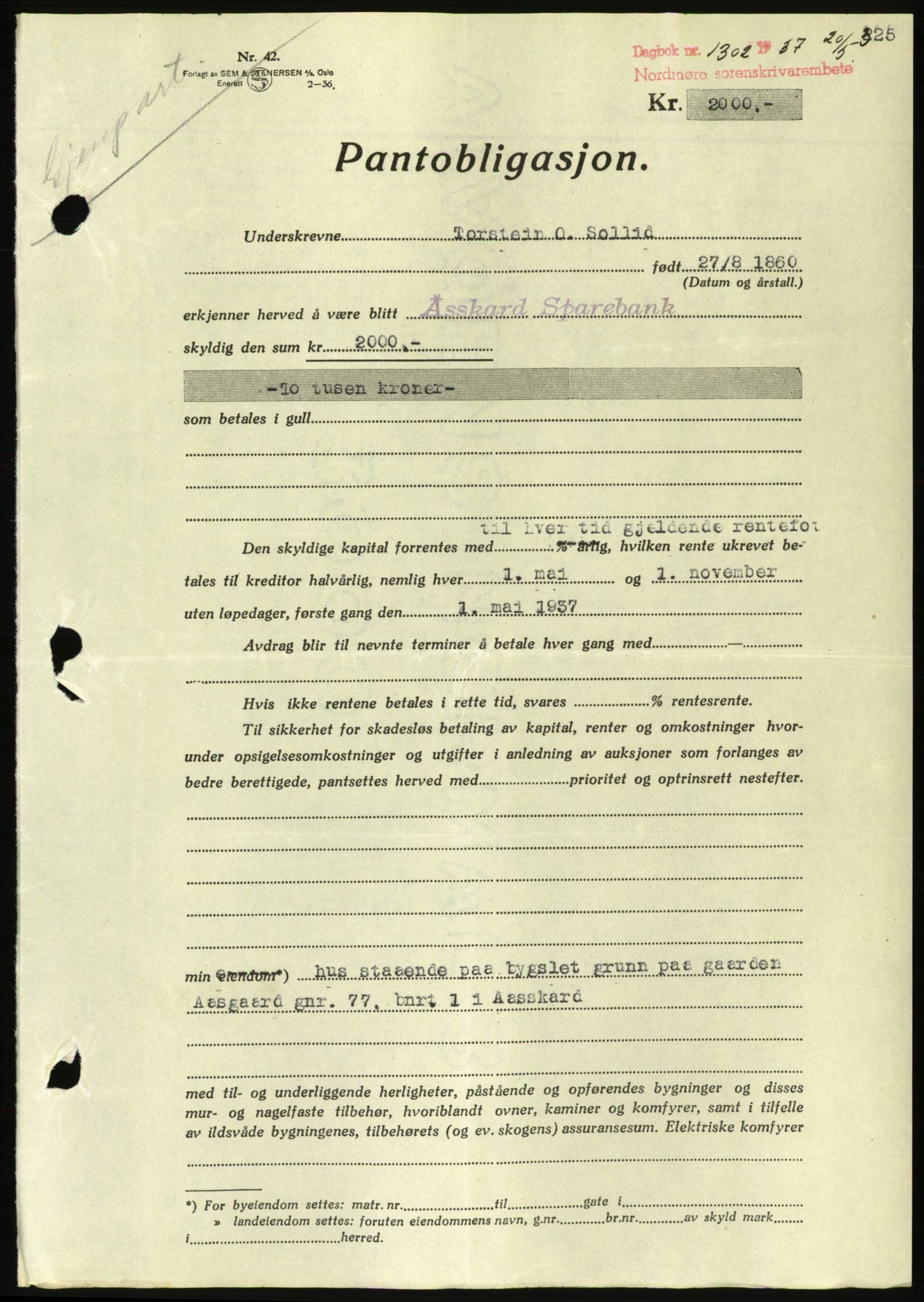 Nordmøre sorenskriveri, AV/SAT-A-4132/1/2/2Ca/L0091: Pantebok nr. B81, 1937-1937, Dagboknr: 1302/1937