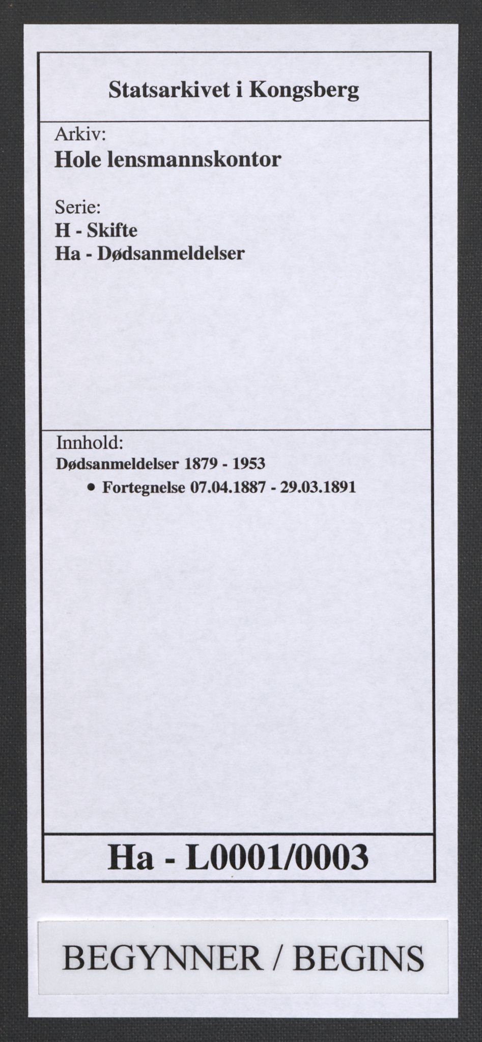 Hole lensmannskontor, AV/SAKO-A-513/H/Ha/L0001/0003: Dødsanmeldelser / Dødsanmeldelser, 1887-1891