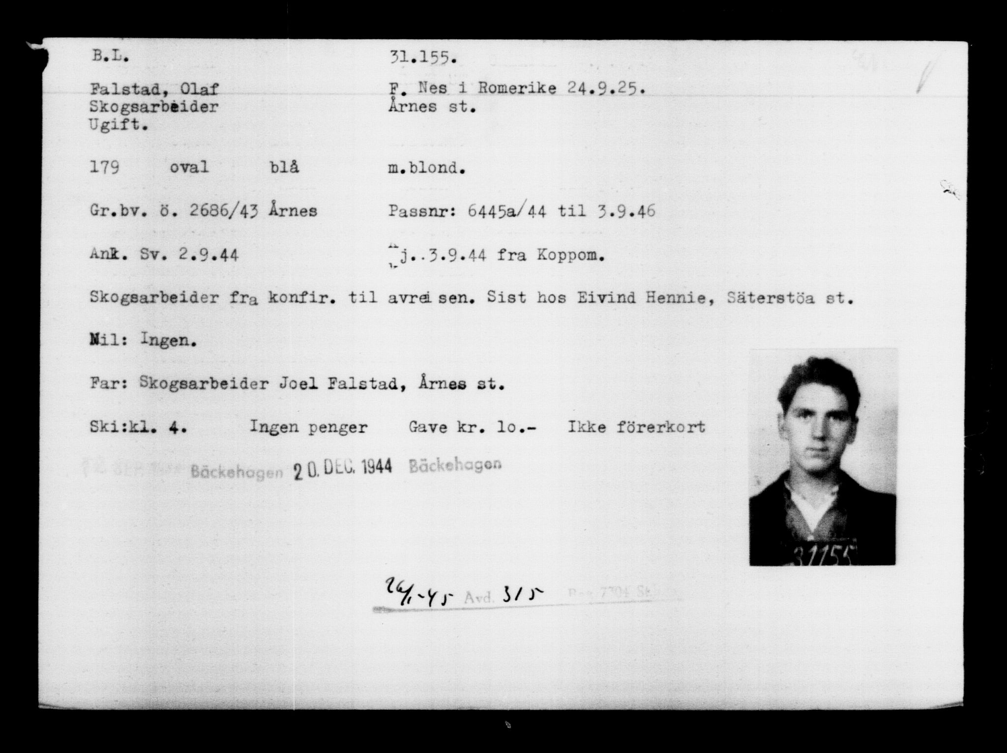 Utenriksstasjonene, Legasjonen i Stockholm, Flyktningkontoret, AV/RA-S-6753/V/Va/L0012: Kjesäterkartoteket, flyktninger med registreringsnr. 28300-31566, 1940-1945, s. 3093
