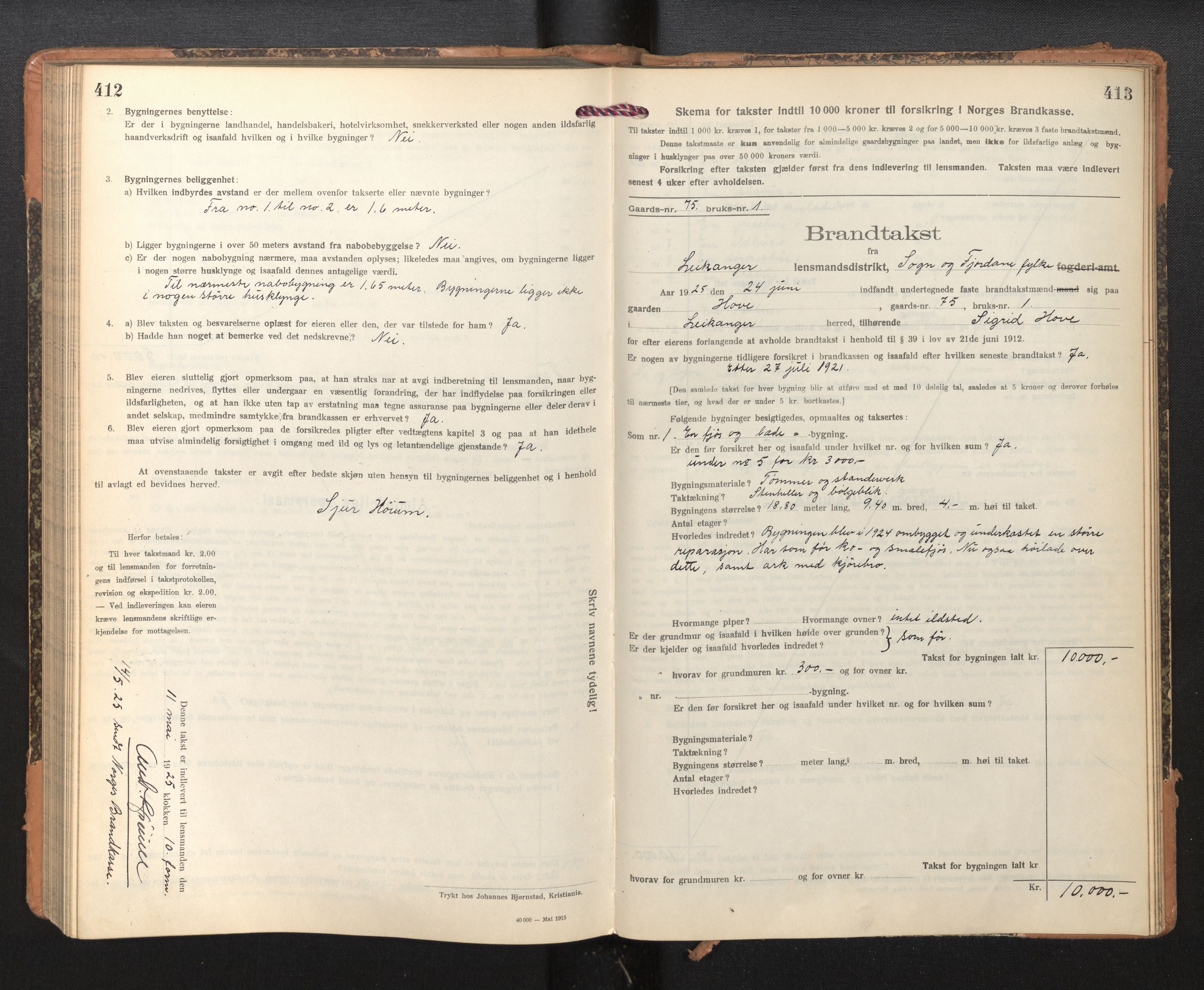 Lensmannen i Leikanger, SAB/A-29201/0012/L0006: Branntakstprotokoll, skjematakst, 1920-1926, s. 412-413