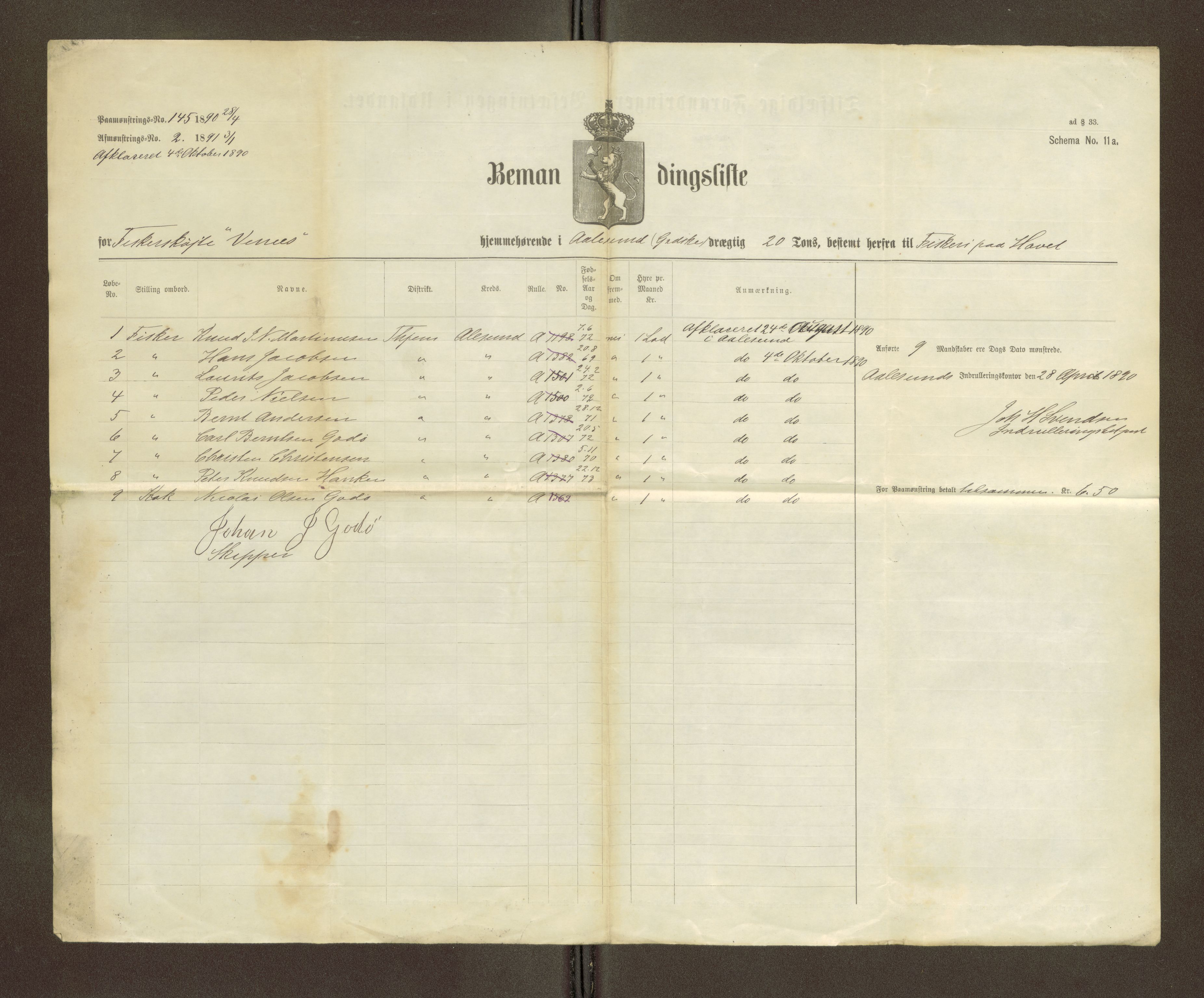 Sjøinnrulleringen - Trondhjemske distrikt, AV/SAT-A-5121/01/L0273: Bemannings og mønstringslister for Ålesund krets, 1891-1893, s. 4