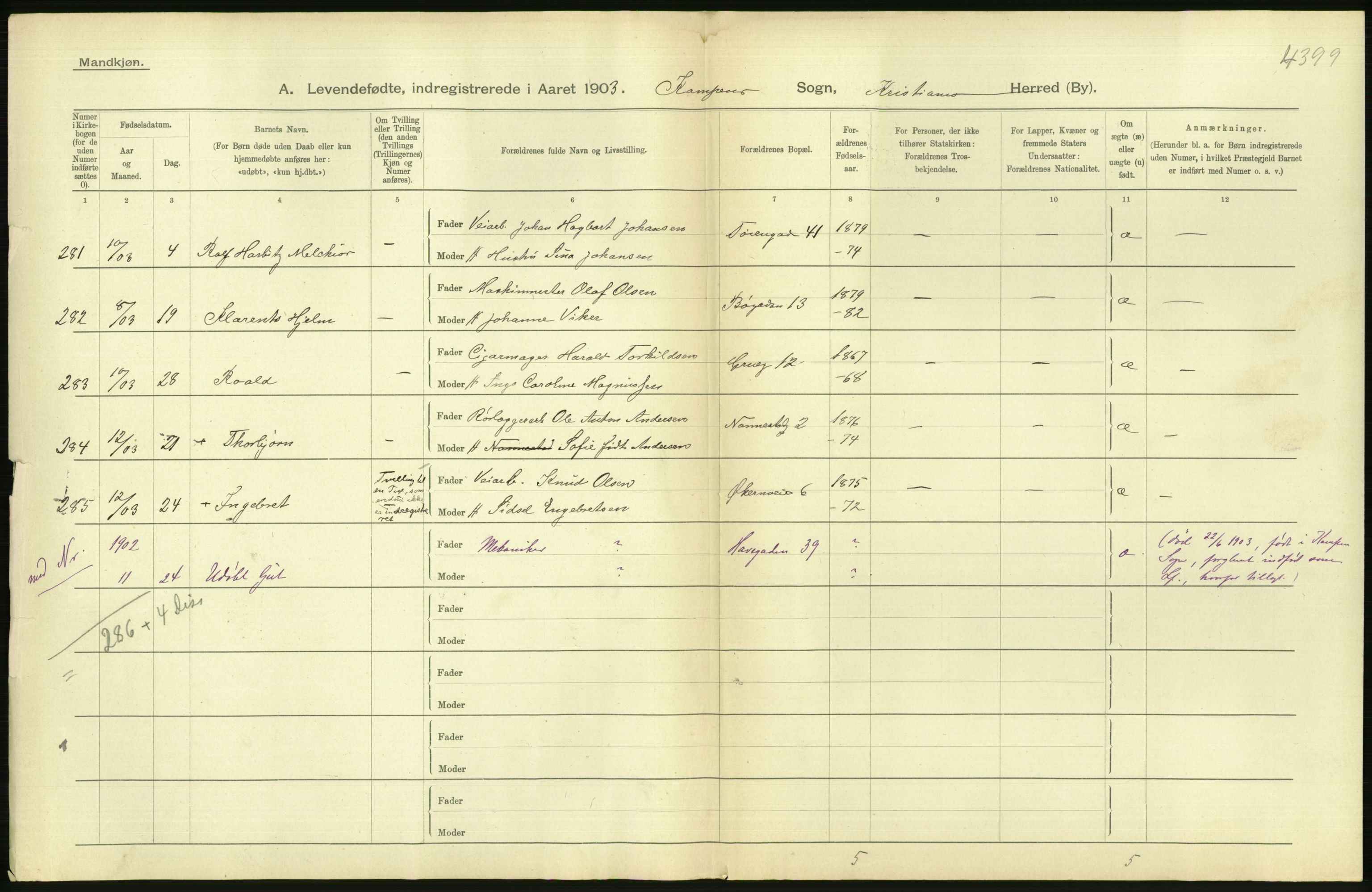 Statistisk sentralbyrå, Sosiodemografiske emner, Befolkning, AV/RA-S-2228/D/Df/Dfa/Dfaa/L0003: Kristiania: Fødte, 1903, s. 220