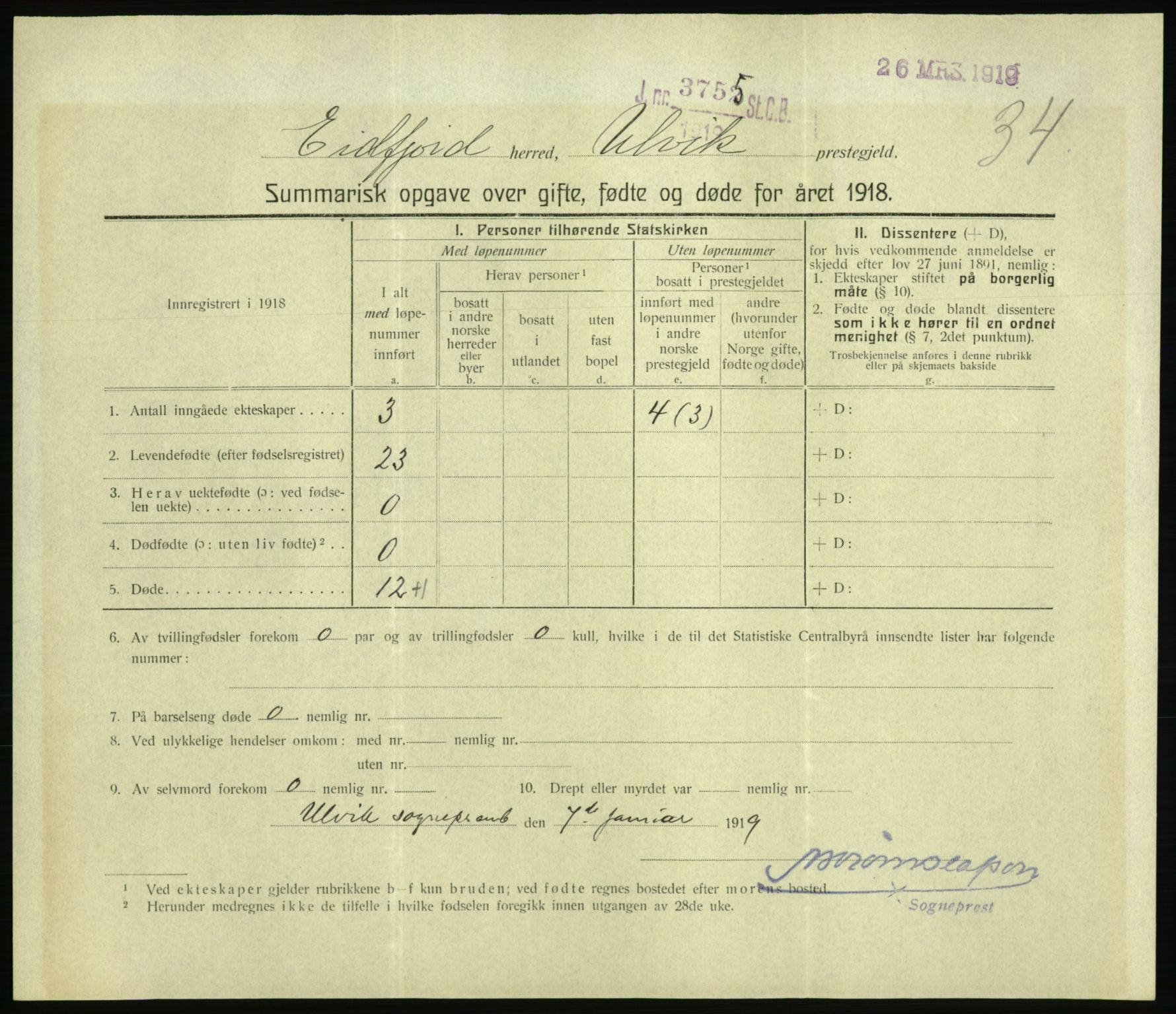 Statistisk sentralbyrå, Sosiodemografiske emner, Befolkning, RA/S-2228/D/Df/Dfb/Dfbh/L0059: Summariske oppgaver over gifte, fødte og døde for hele landet., 1918, s. 983